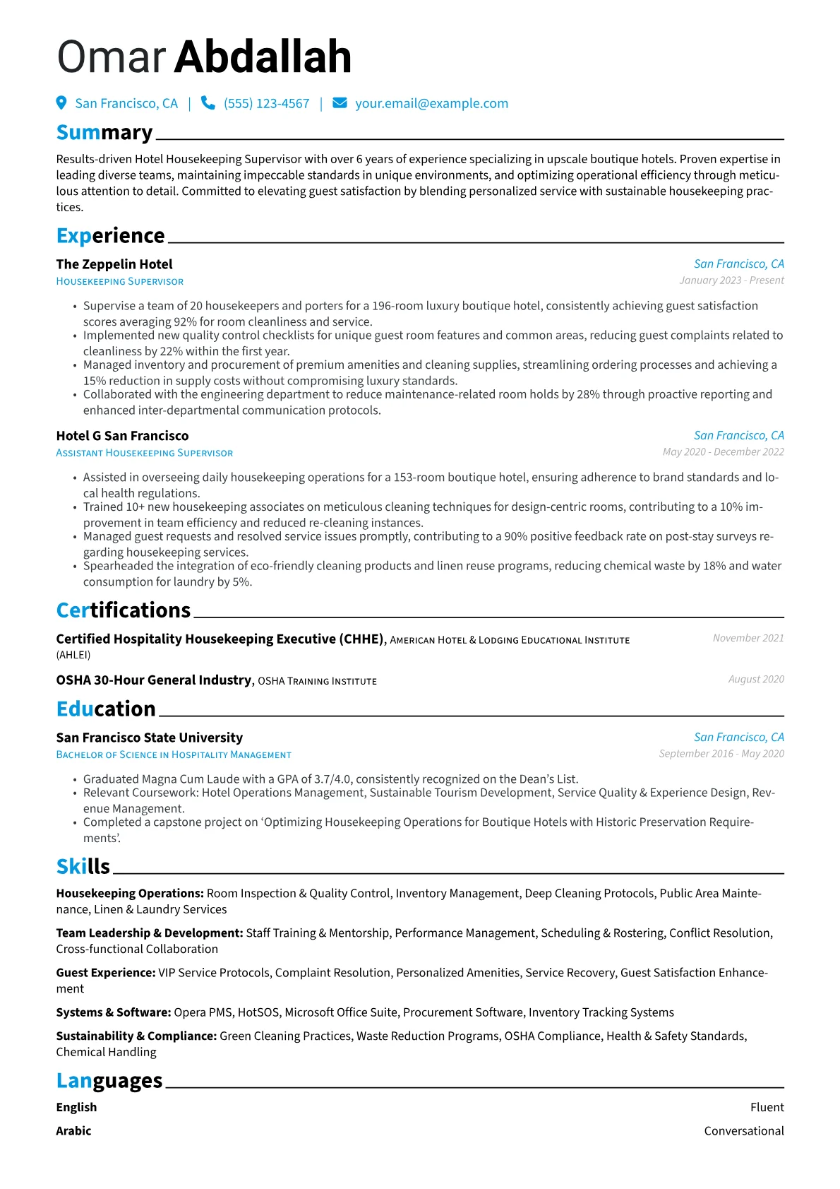 Hotel Housekeeping Supervisor resume example, Boutique Hotel Specialist, page 1