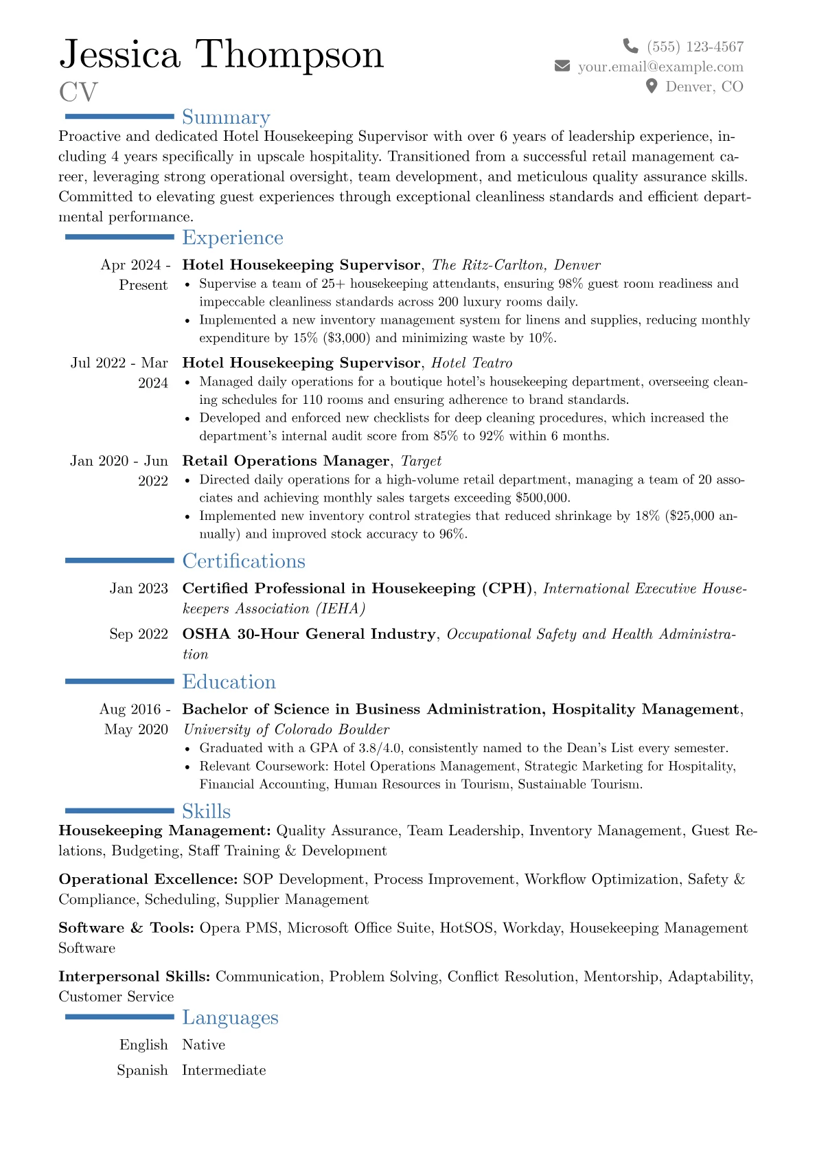 Hotel Housekeeping Supervisor resume example, Career changer, page 1
