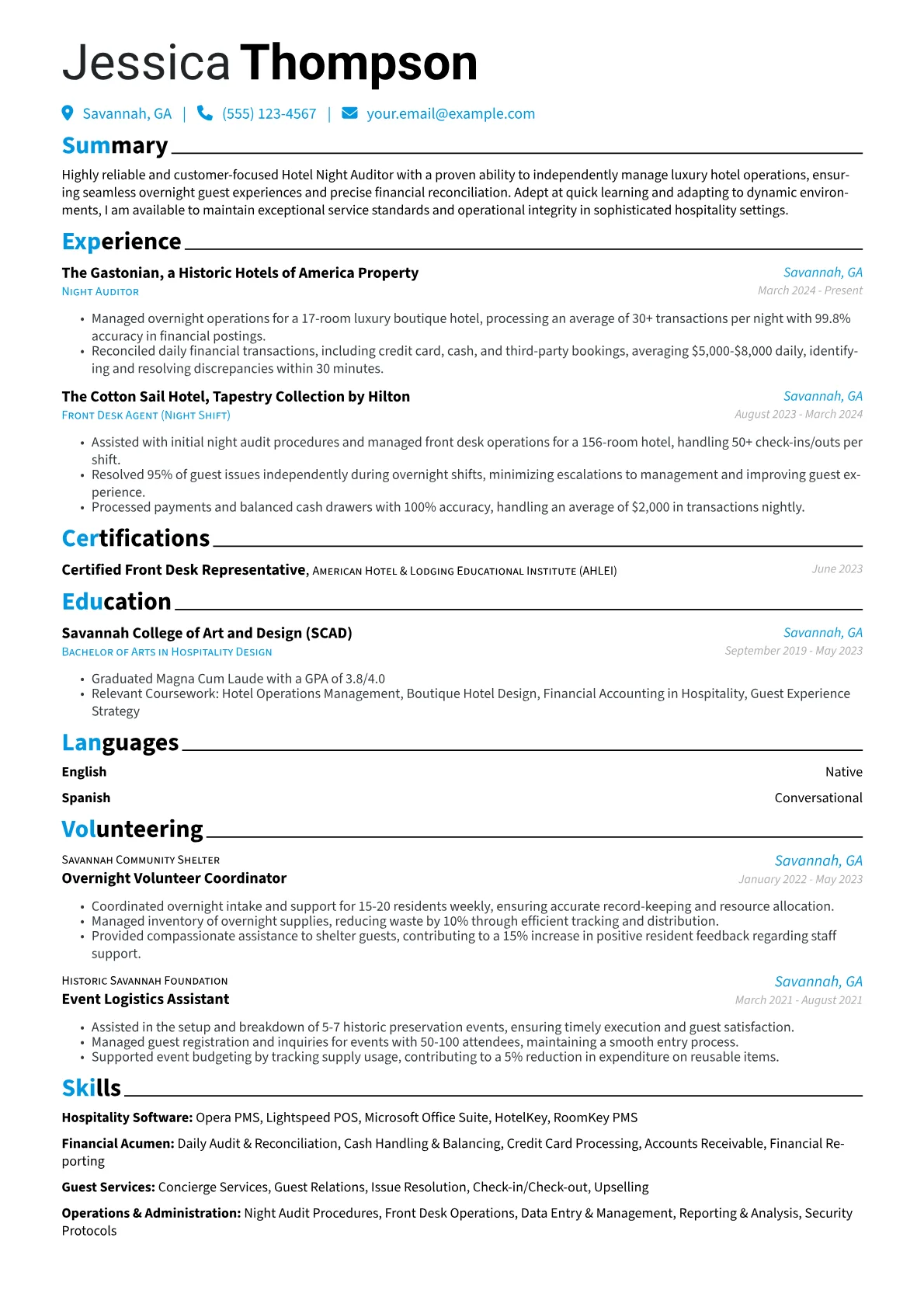 Hotel Night Auditor resume example, Night Auditor - Boutique, page 1