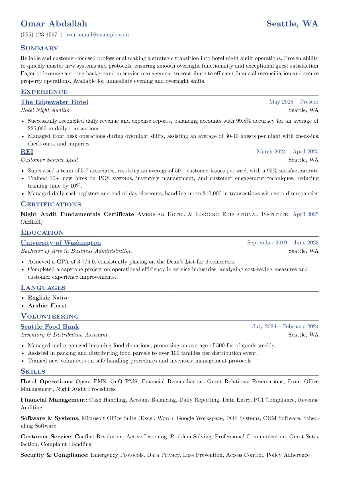 Hotel Night Auditor resume example, Career changer, page 1