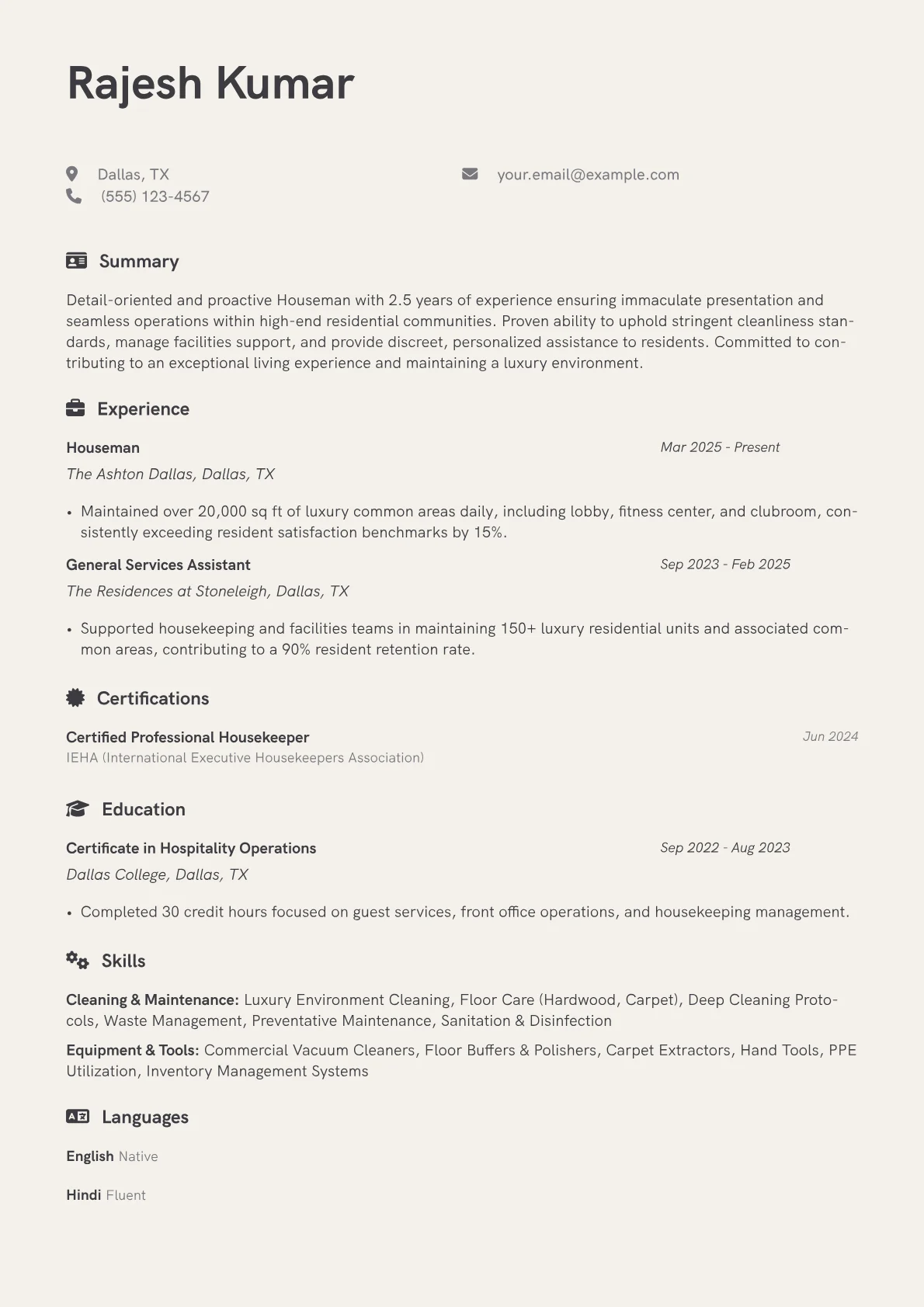 Houseman resume example, Luxury Residential, page 1