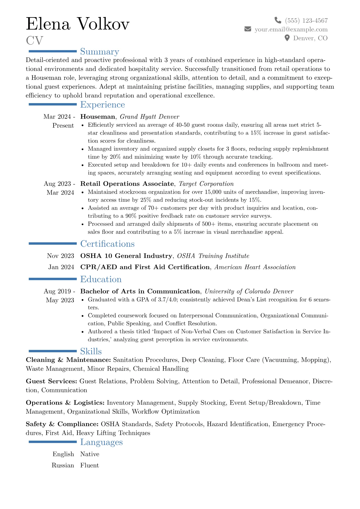 Houseman resume example, Career changer, page 1