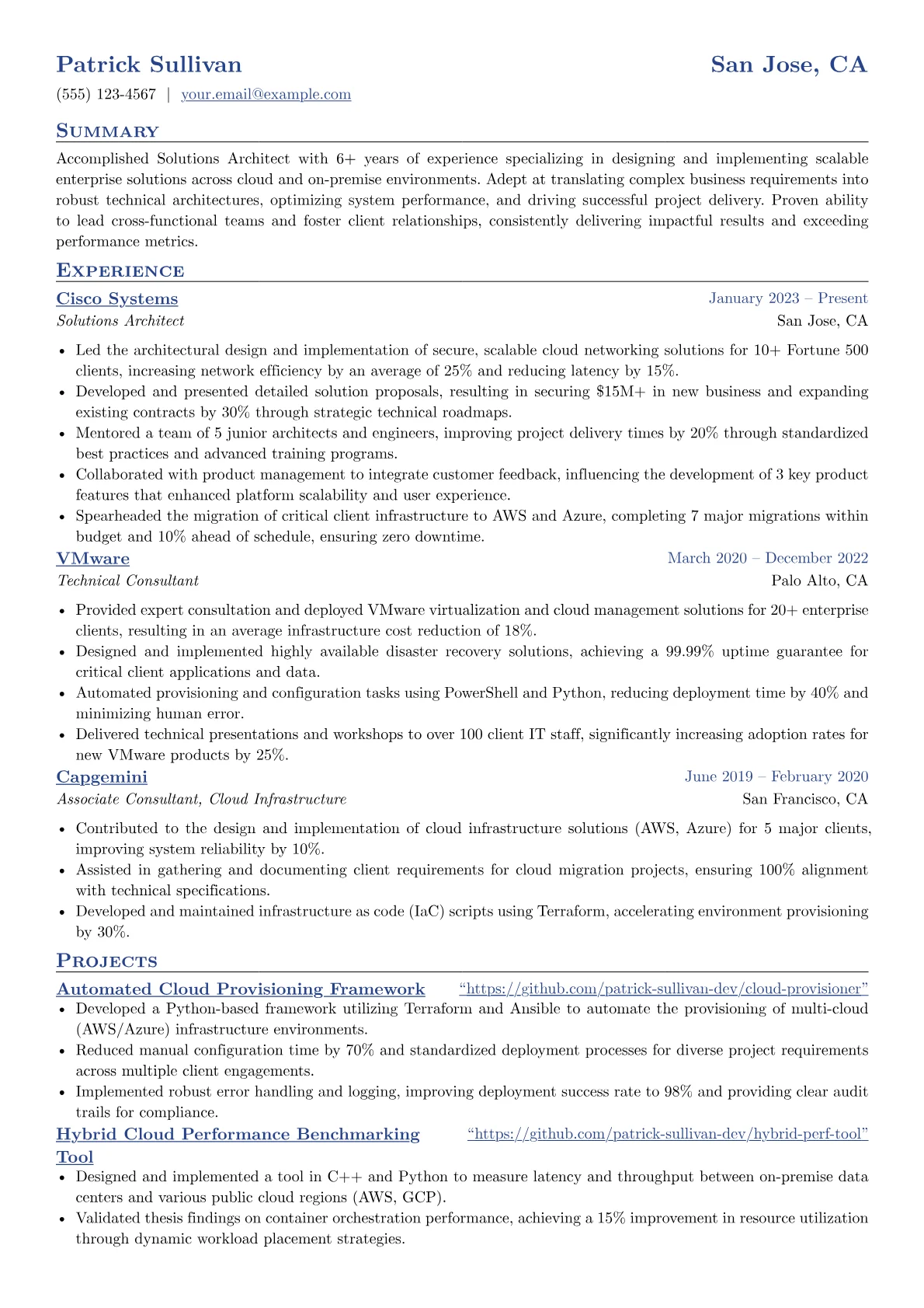 HP resume example, Solutions Architect Hp, page 1
