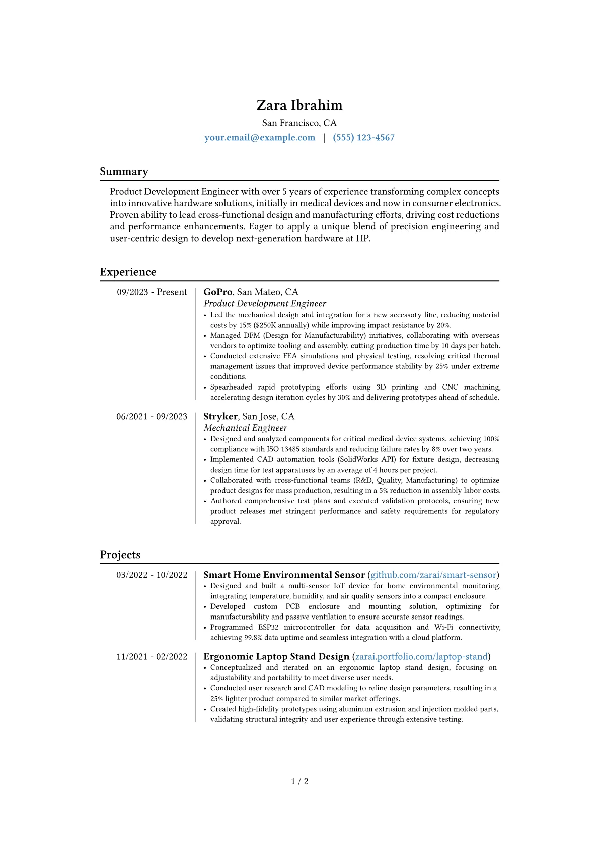 HP resume example, Career changer, page 1