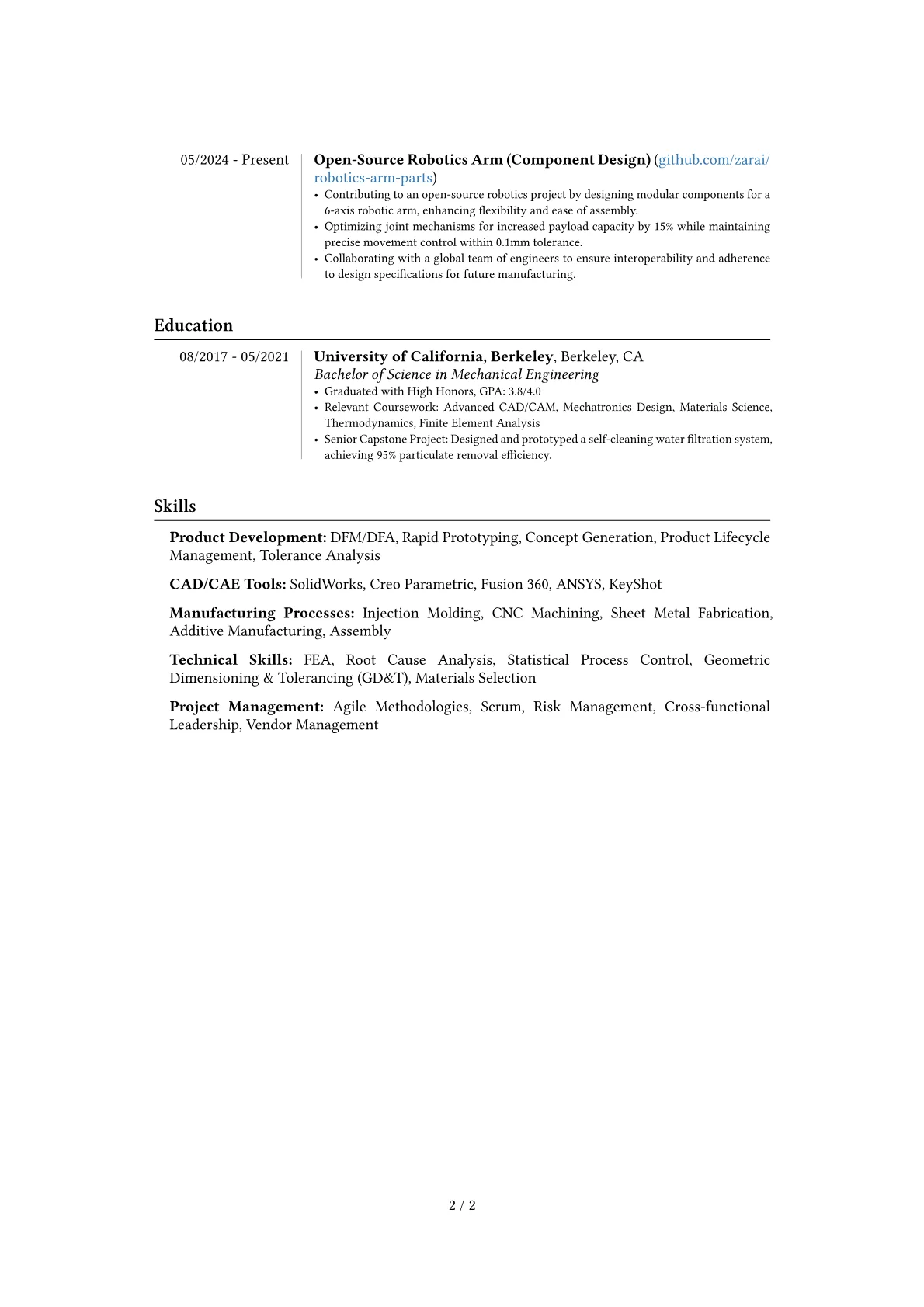 HP resume example, Career changer, page 2