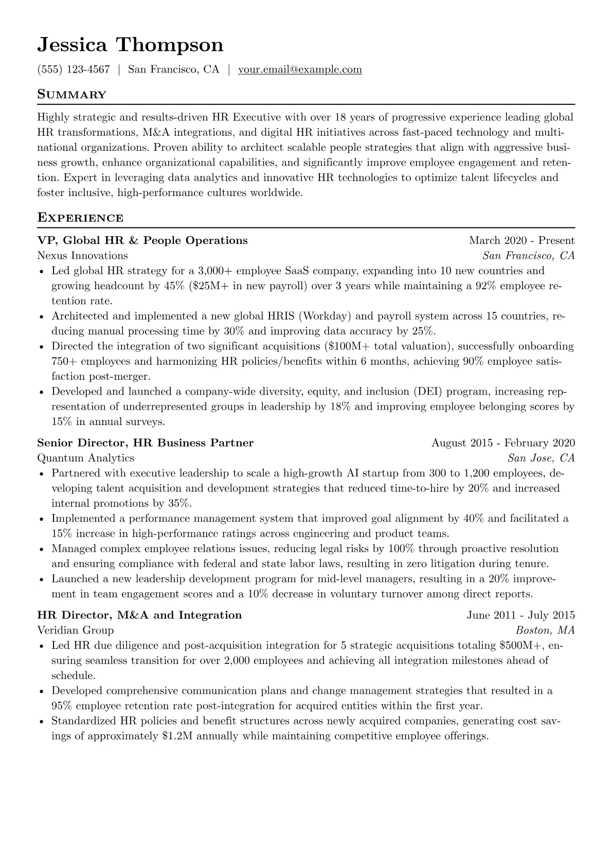 HR Executive resume example, HR Leadership & Strategy, page 1
