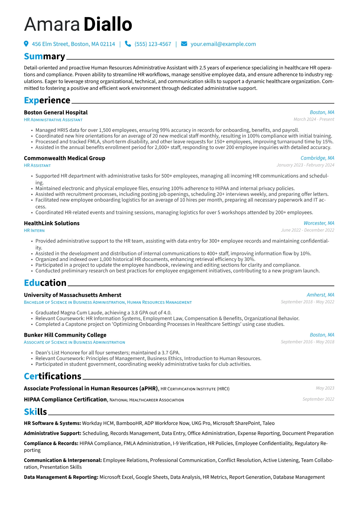 Human Resources Administrative Assistant resume example, Healthcare HR Admin, page 1