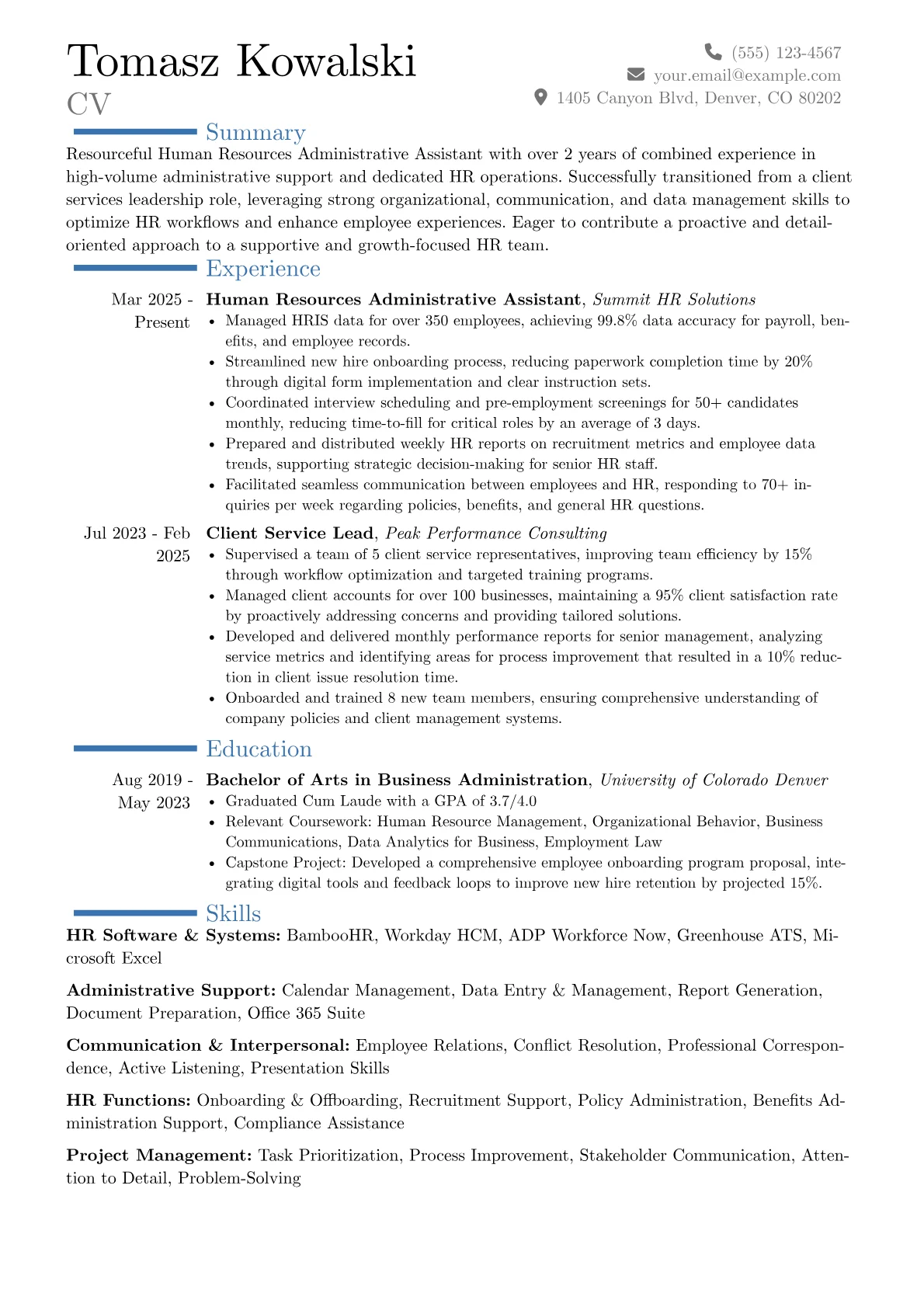 Human Resources Administrative Assistant resume example, Career changer, page 1