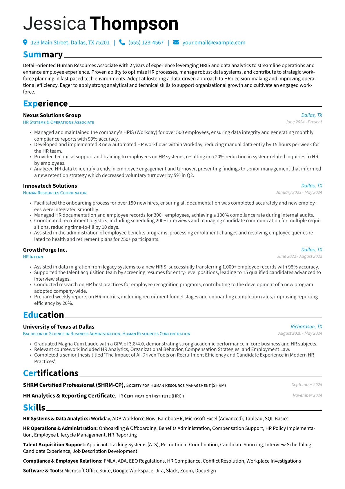Human Resources Associate resume example, HR Systems & Data, page 1