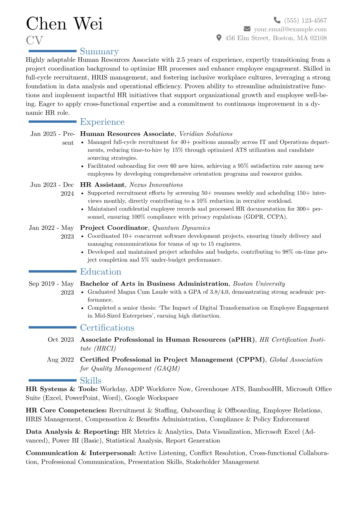 Human Resources Associate resume example, Career changer, page 1