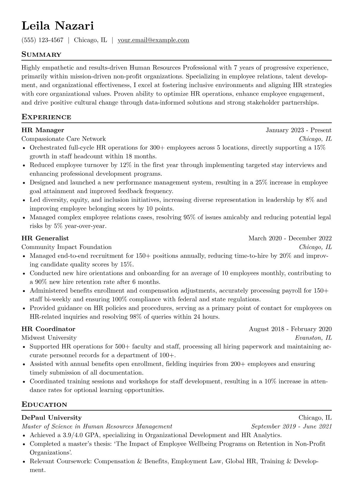 Human Resources Professional resume example, Non-Profit HR Specialist, page 1