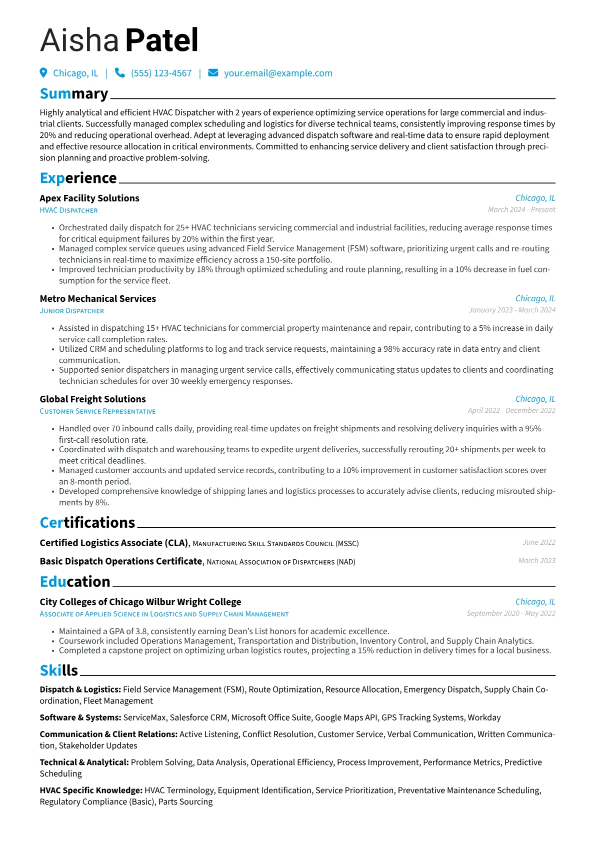 HVAC Dispatcher resume example, Commercial HVAC Dispatcher, page 1