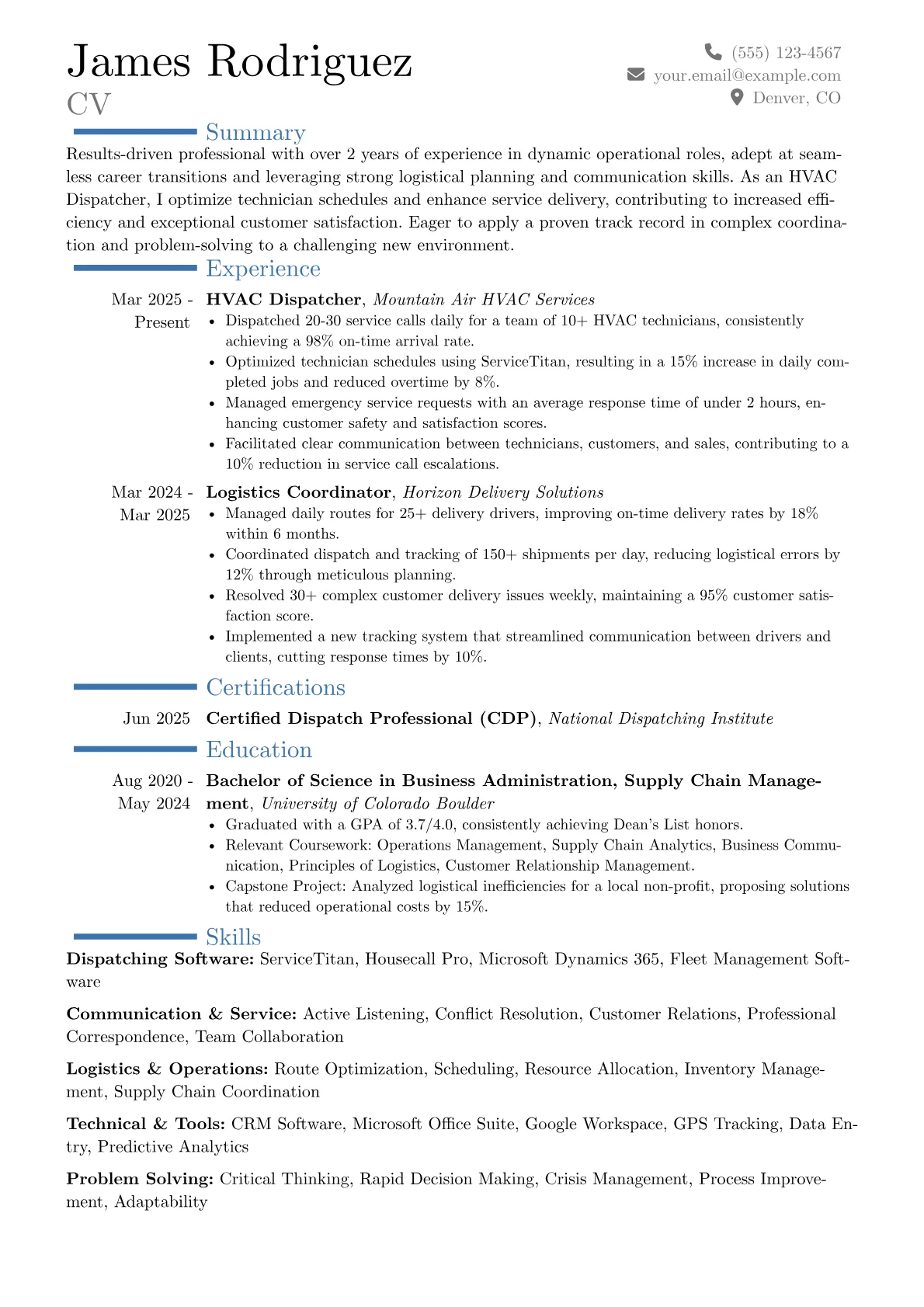 HVAC Dispatcher resume example, Career changer, page 1