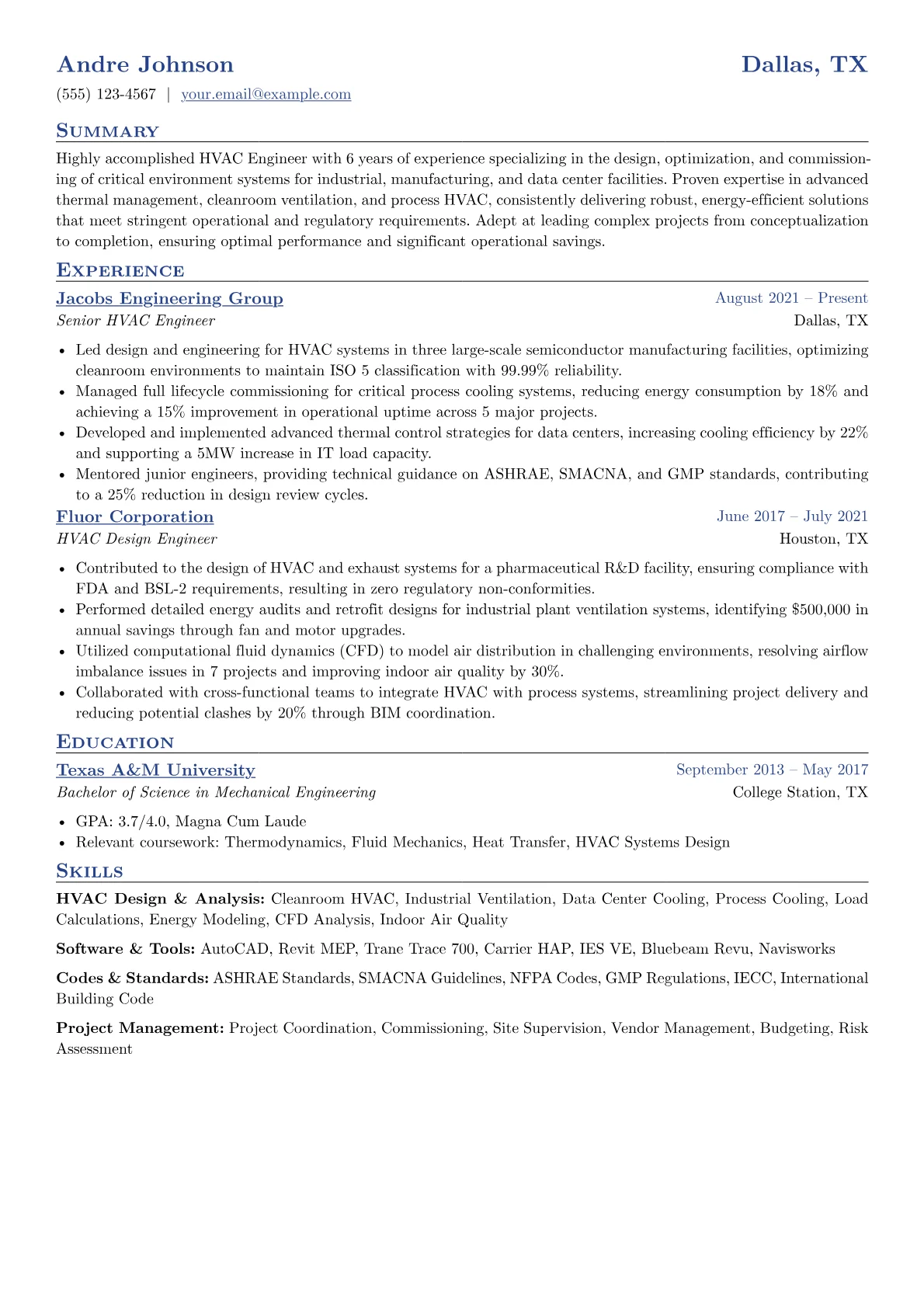 HVAC Engineer resume example, HVAC Design & Analysis, page 1