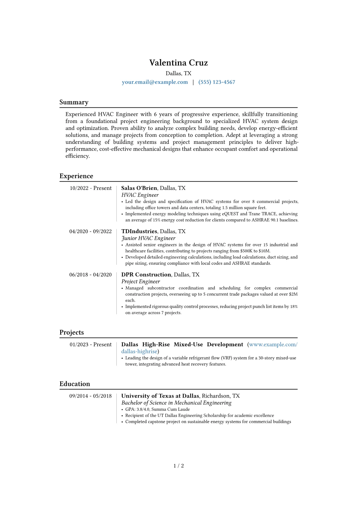 HVAC Engineer resume example, Career changer, page 1