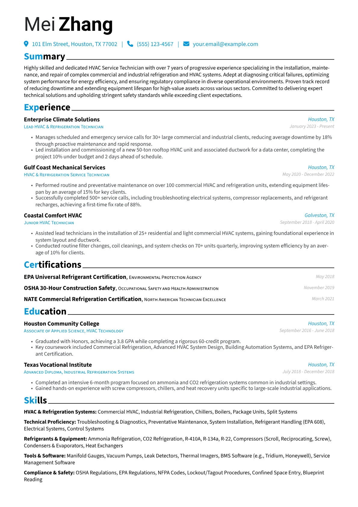 HVAC Service Technician resume example, HVAC Service Technician, page 1