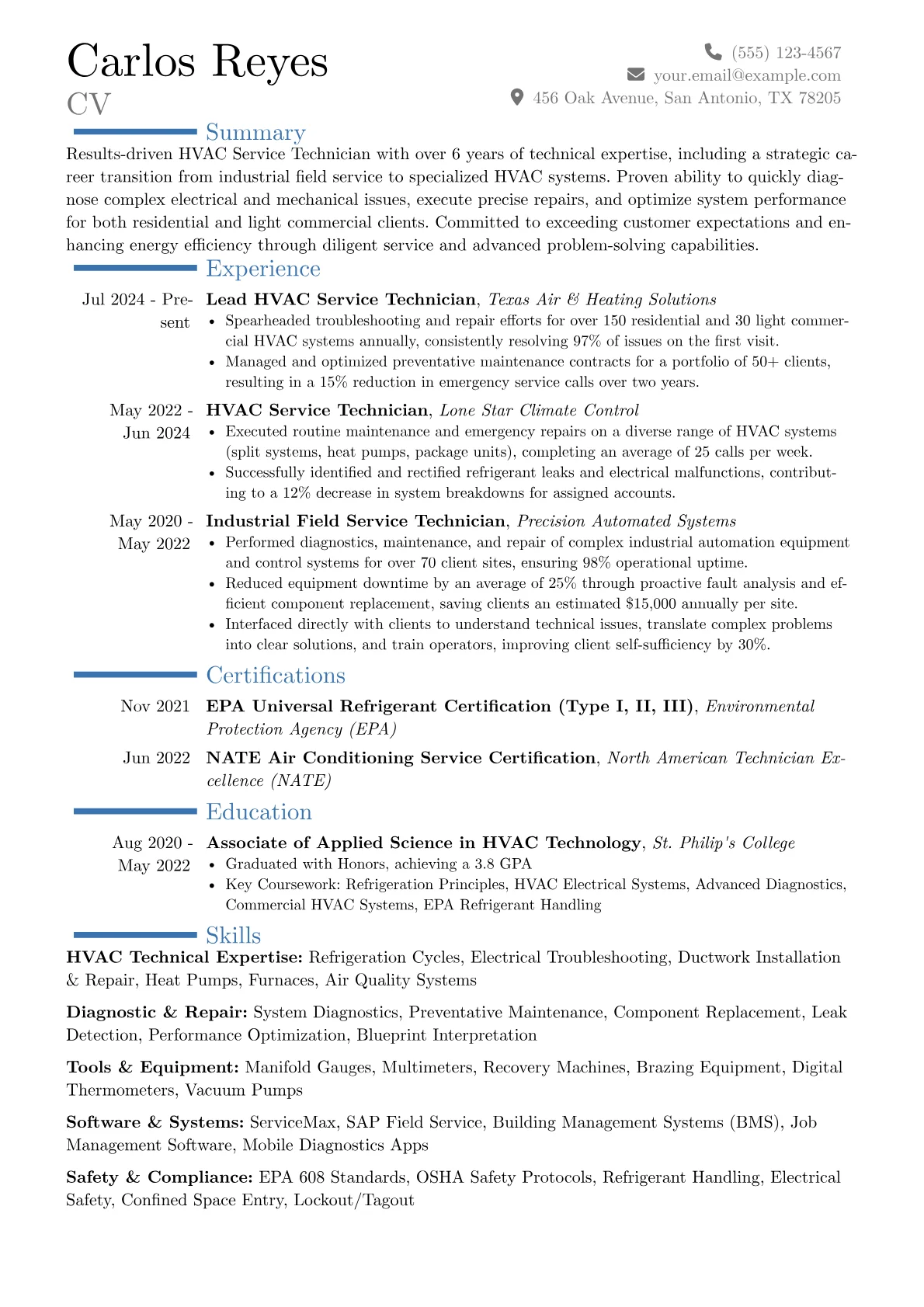 HVAC Service Technician resume example, Career changer, page 1