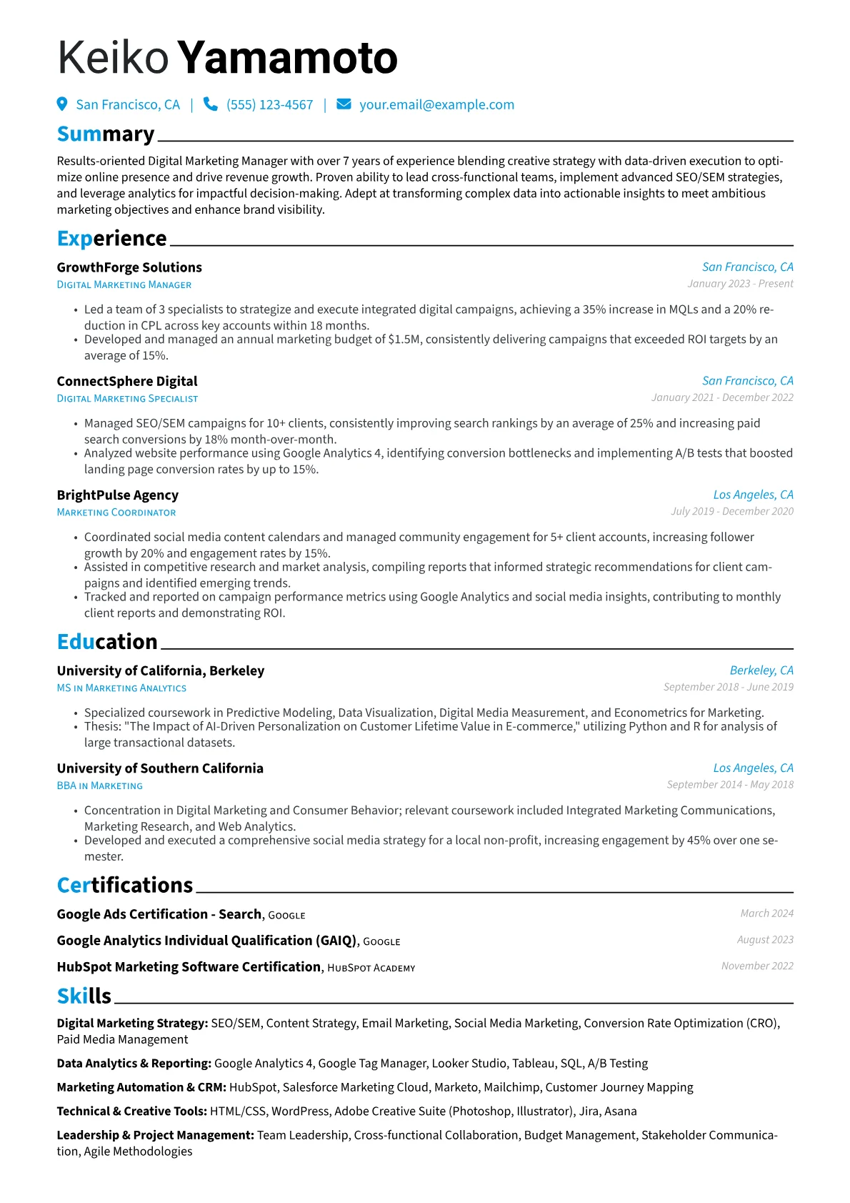 Hybrid resume example, Digital Marketing Manager, page 1