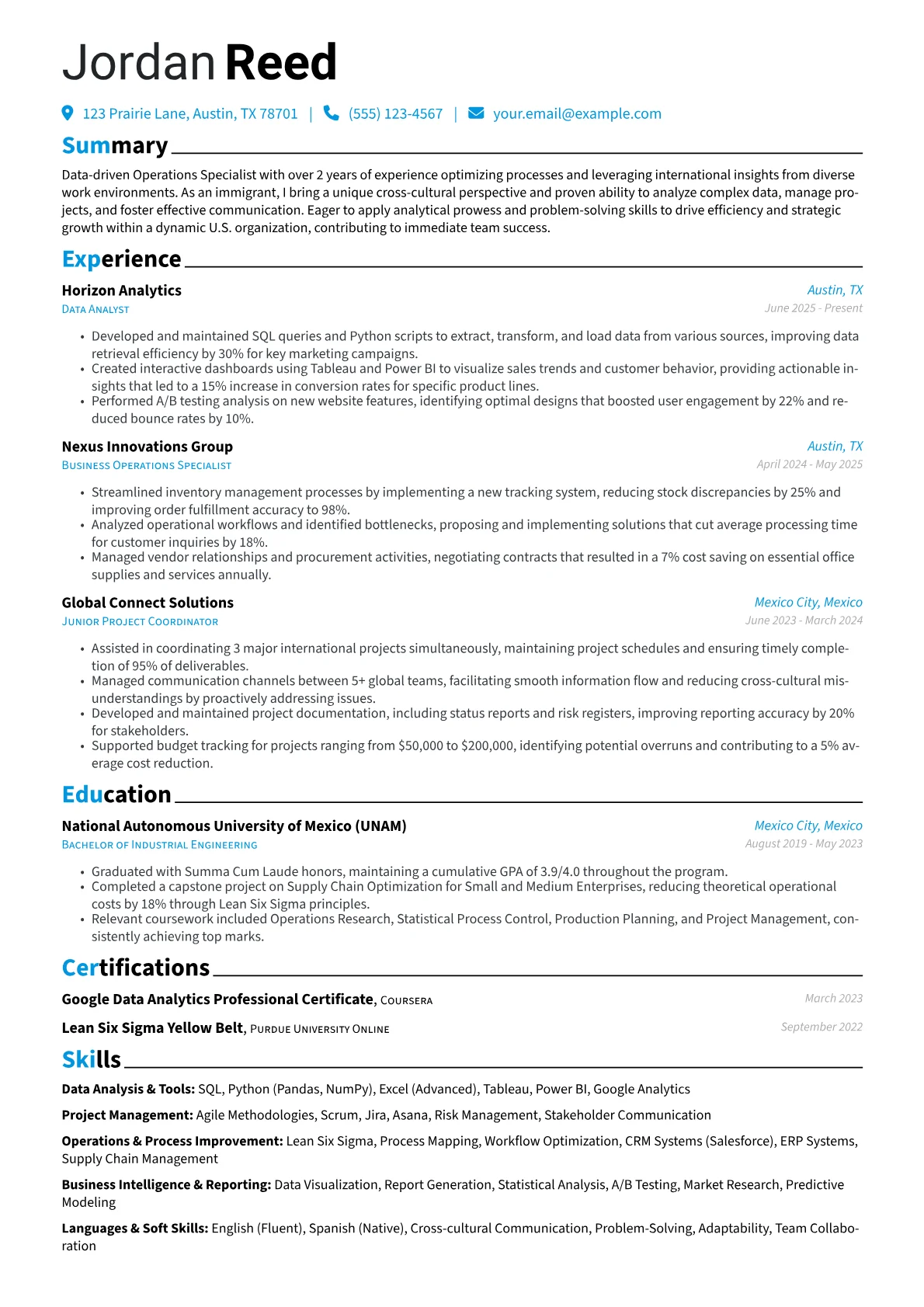 Immigrant resume example, Immigrant Transition, page 1