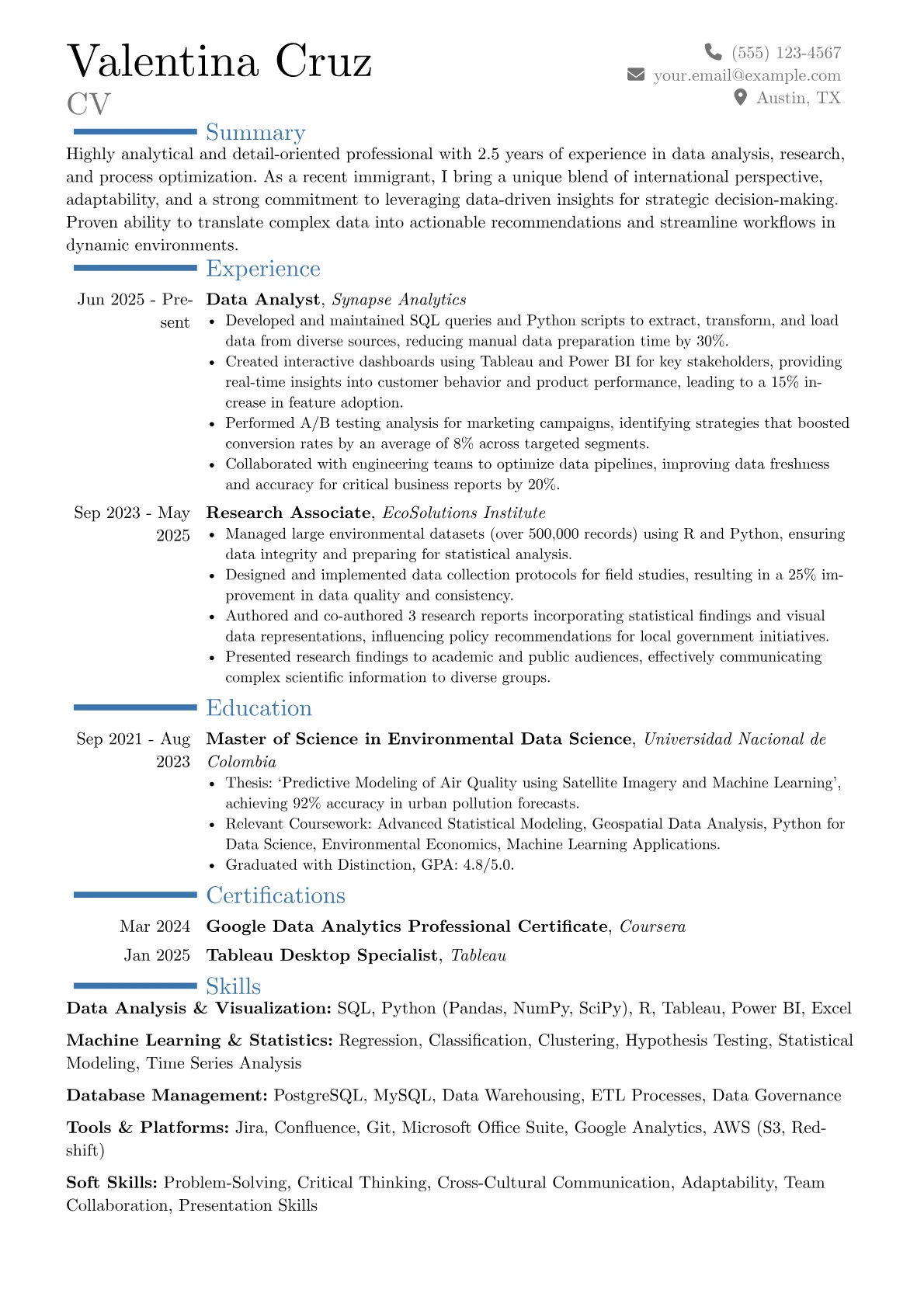 Immigrant resume example, Career changer, page 1