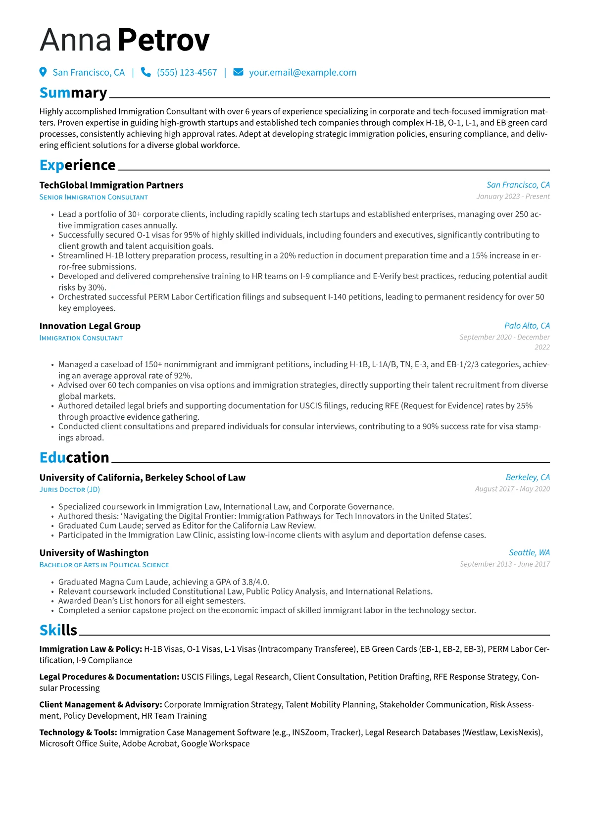 Immigration Consultant resume example, Tech Immigration, page 1