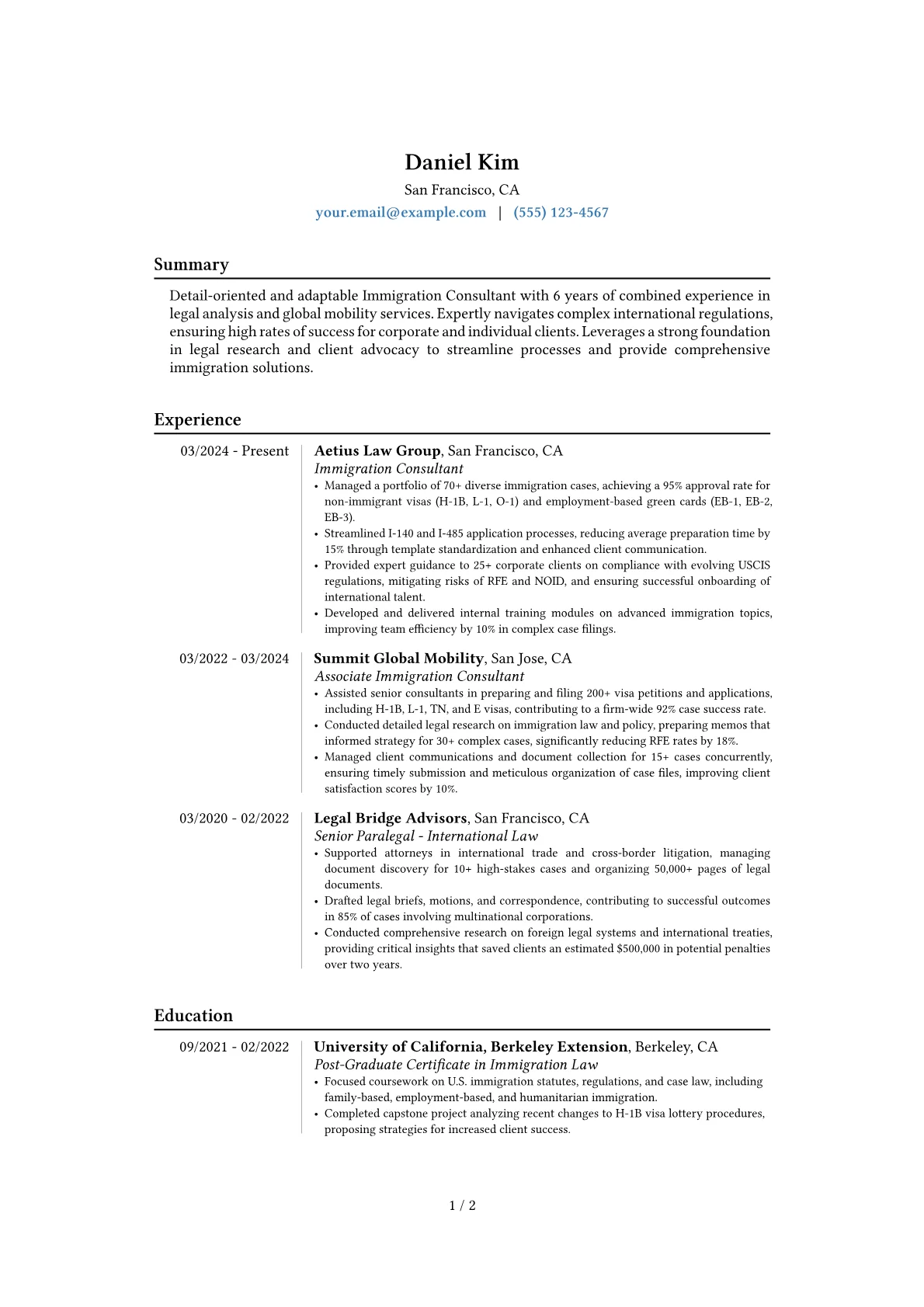 Immigration Consultant resume example, Career changer, page 1