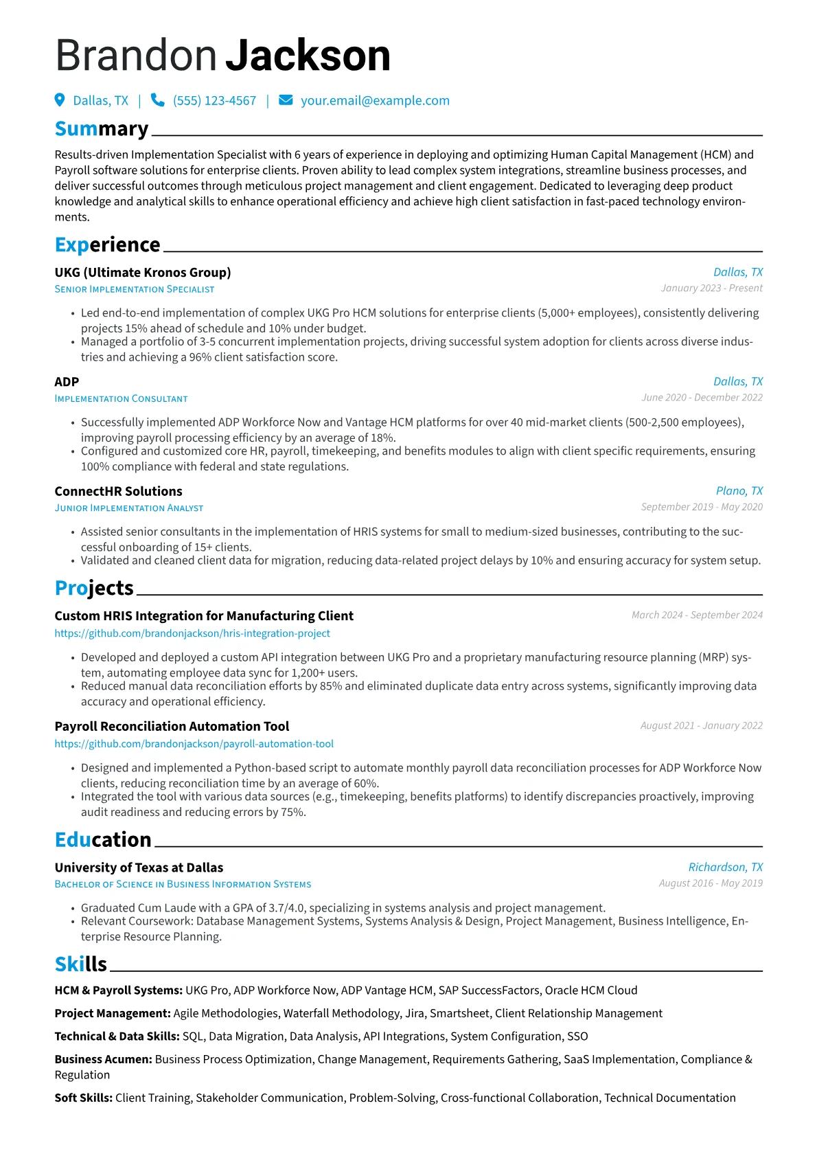 Implementation Specialist resume example, HCM & Payroll Systems, page 1