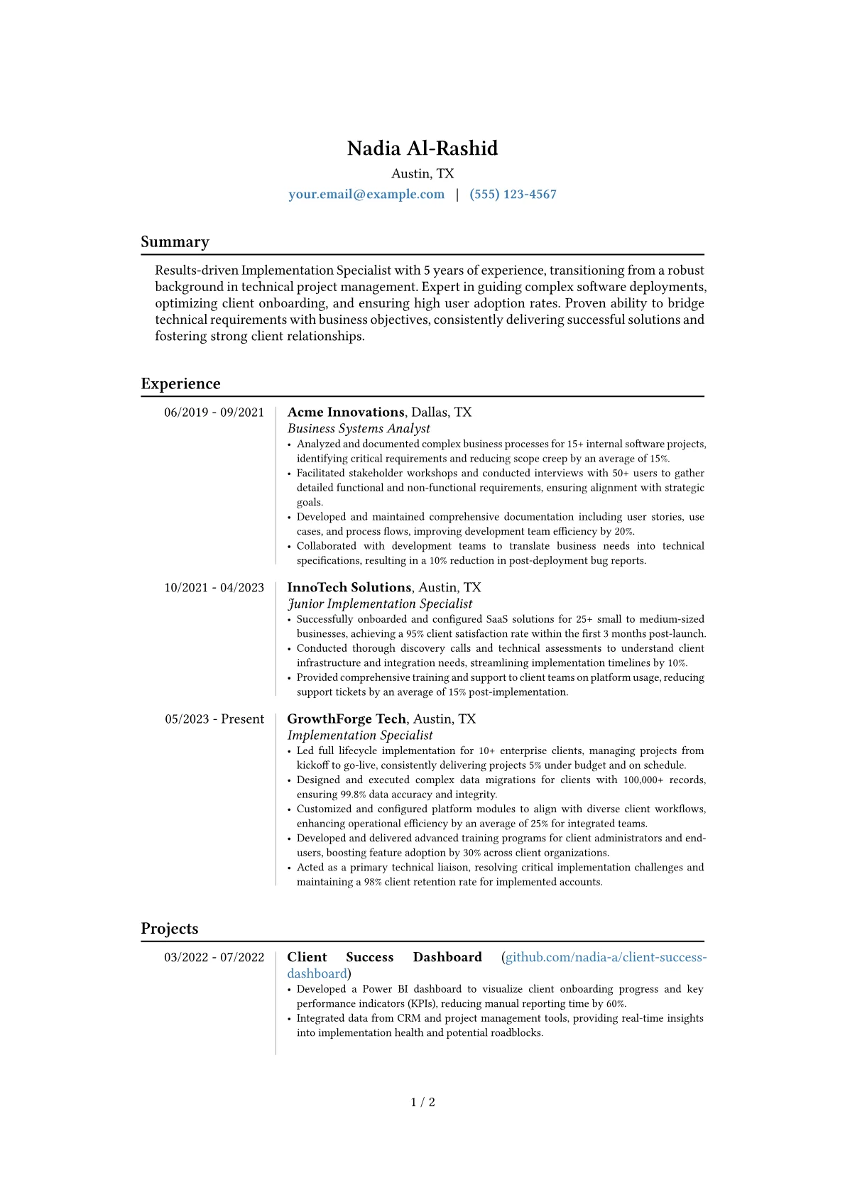Implementation Specialist resume example, Career changer, page 1