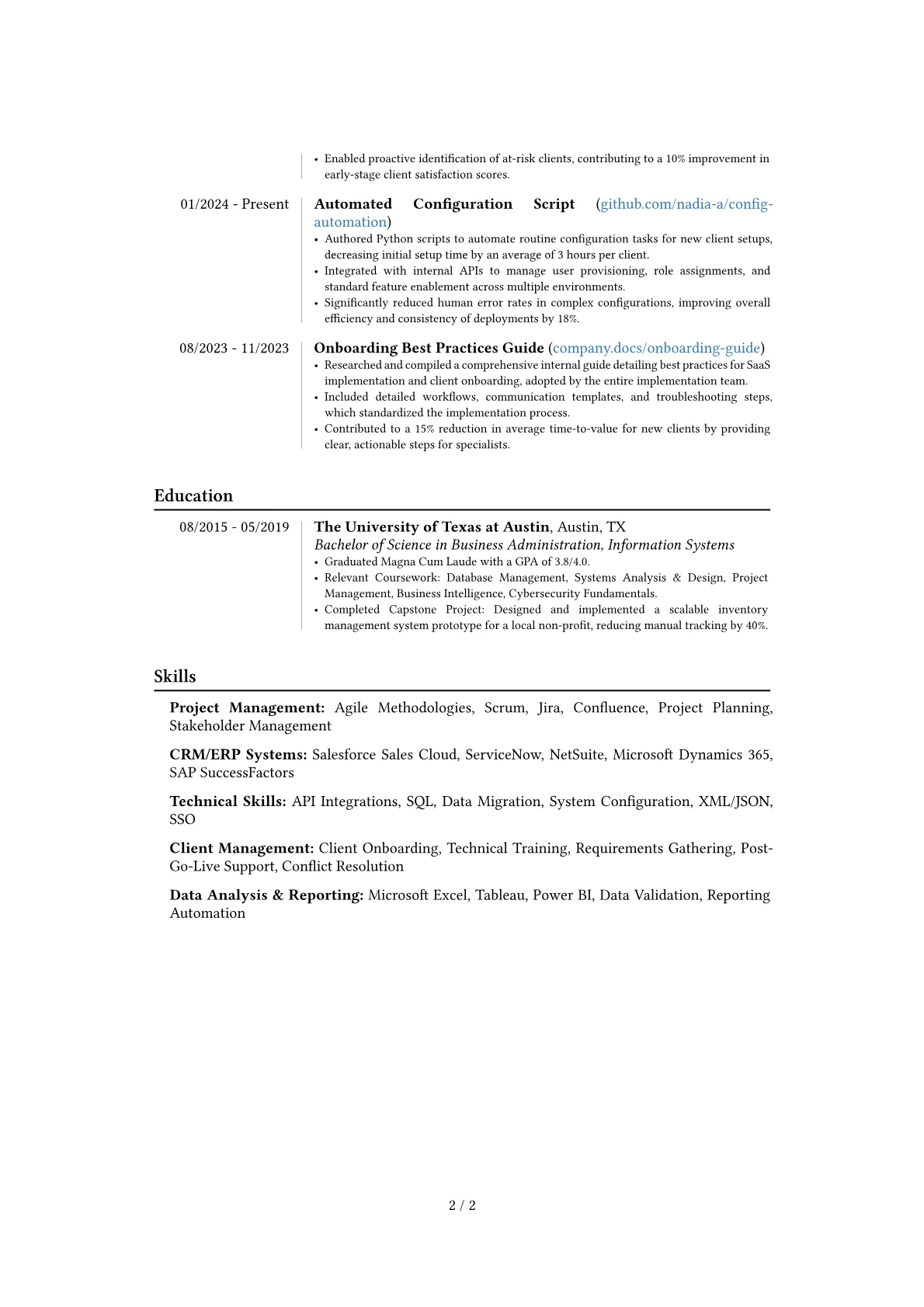 Implementation Specialist resume example, Career changer, page 2