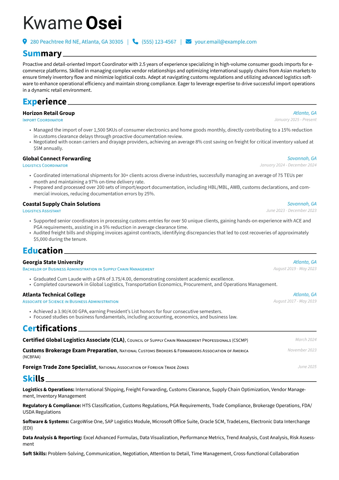 Import Coordinator resume example, Import Coordinator, page 1
