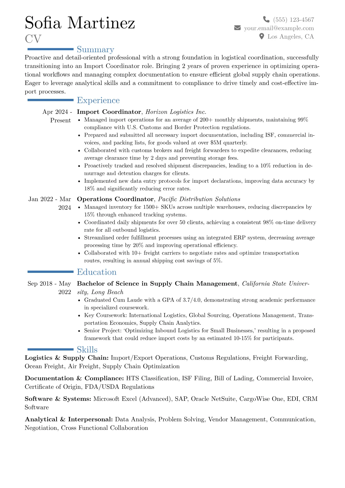 Import Coordinator resume example, Career changer, page 1