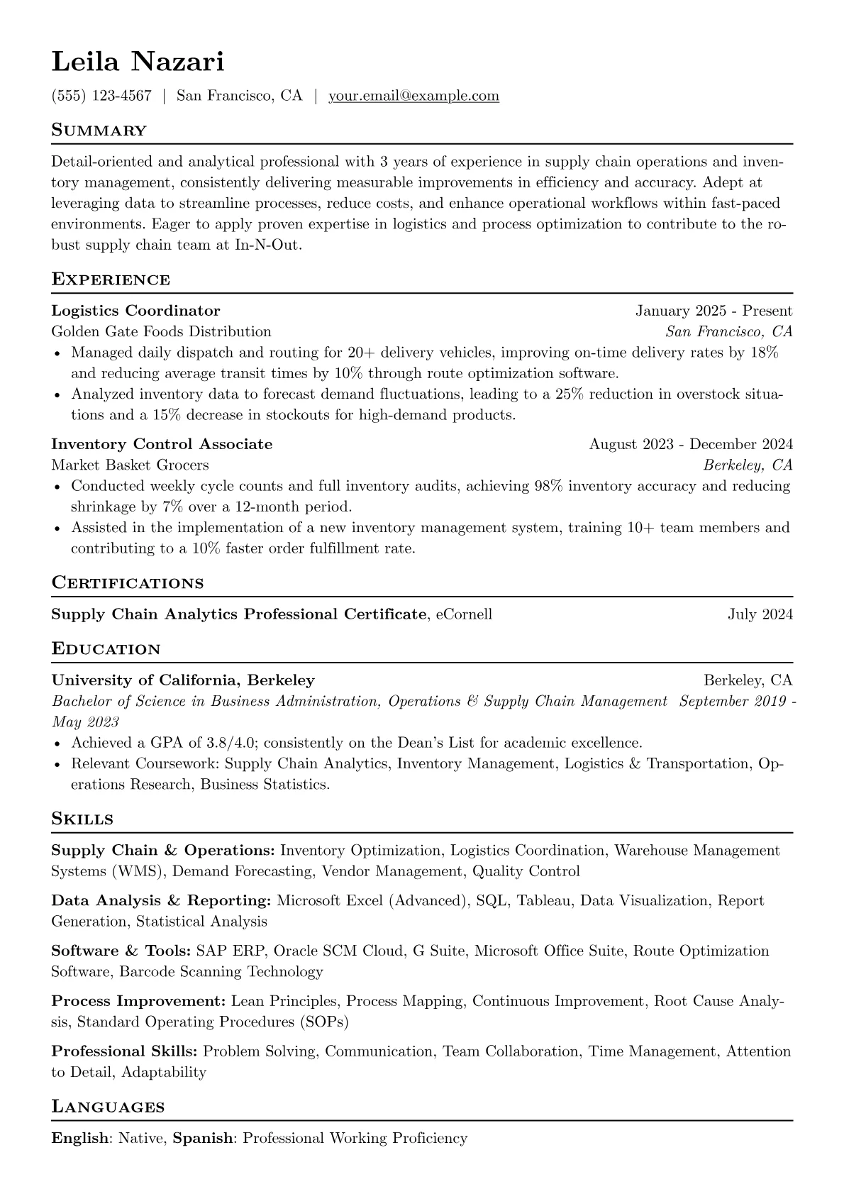 In-N-Out resume example, Supply Chain & Operations, page 1