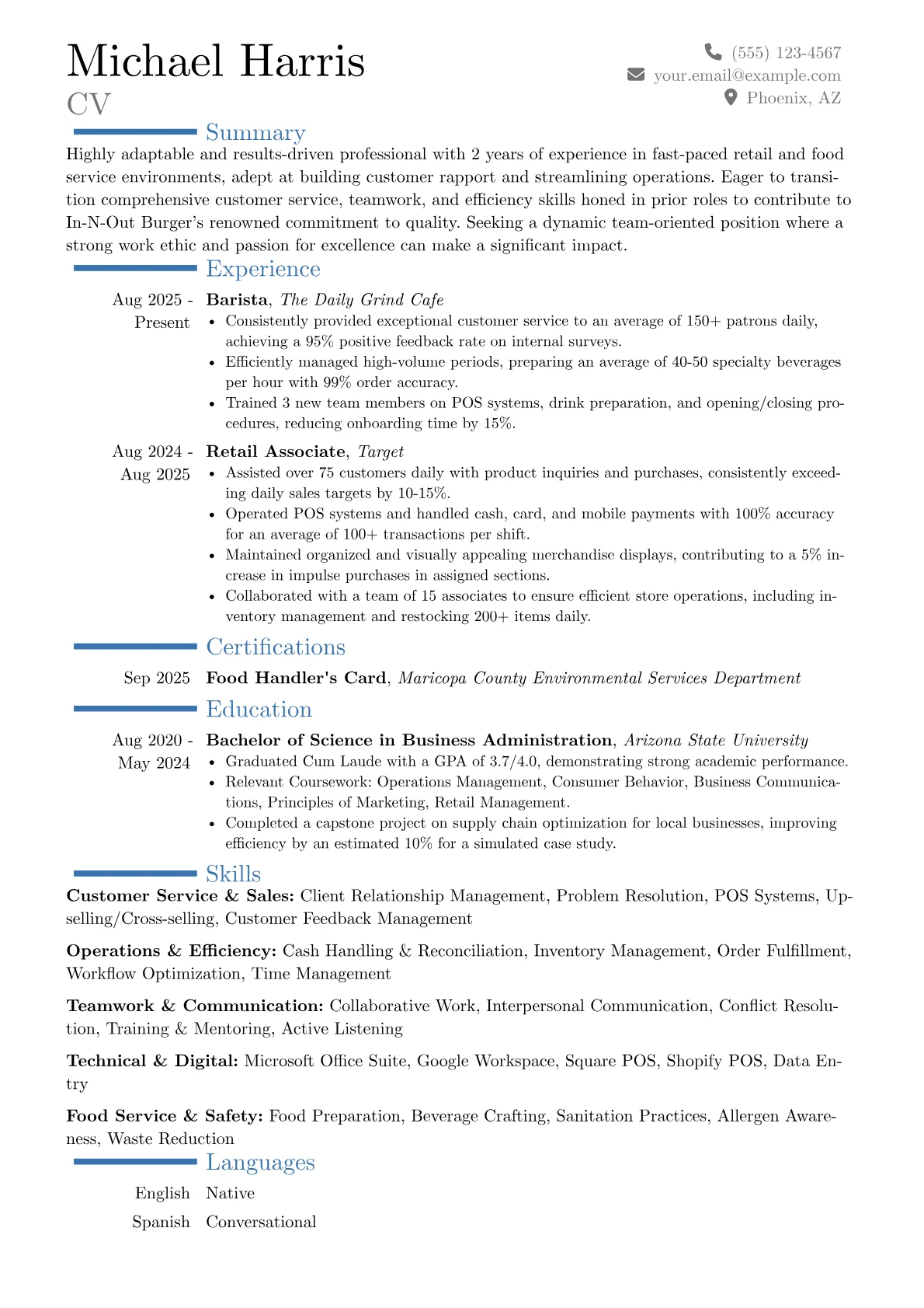 In-N-Out resume example, Career changer, page 1