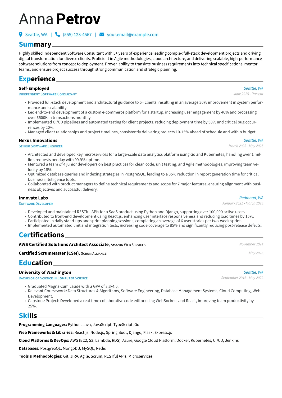 Independent Contractor resume example, Independent Software, page 1