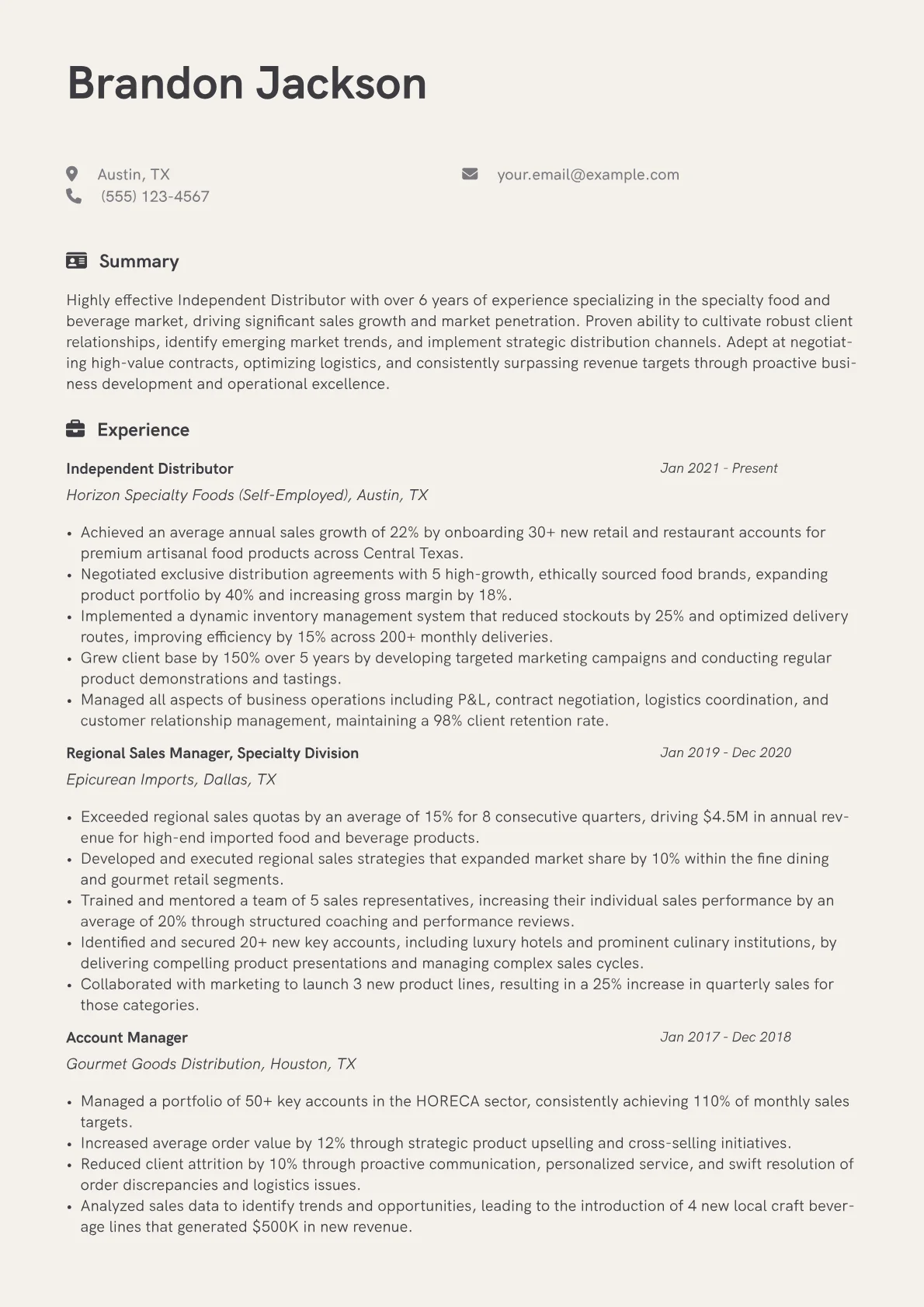 Independent Distributor resume example, Specialty Food & Beverage, page 1