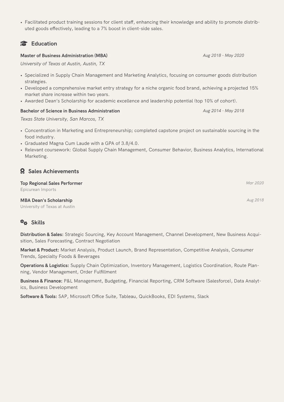 Independent Distributor resume example, Specialty Food & Beverage, page 2