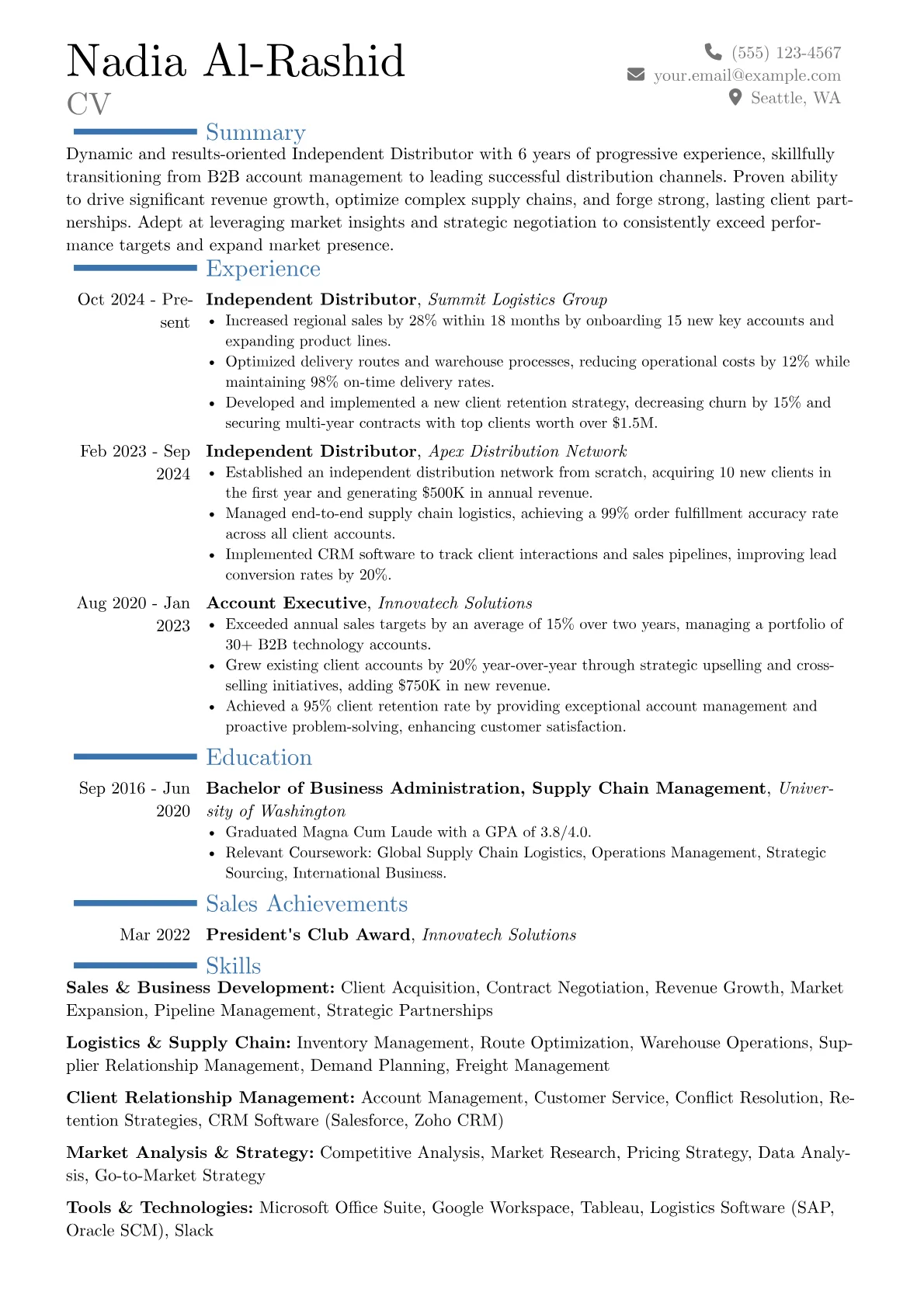 Independent Distributor resume example, Career changer, page 1