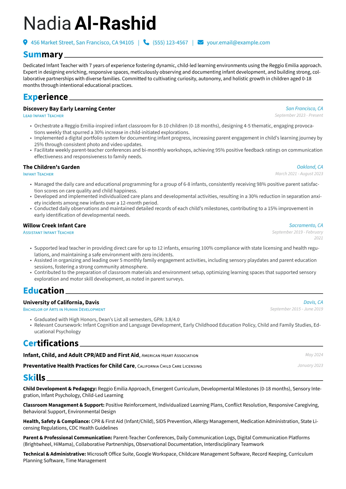 Infant Teacher resume example, Reggio Emilia Approach, page 1