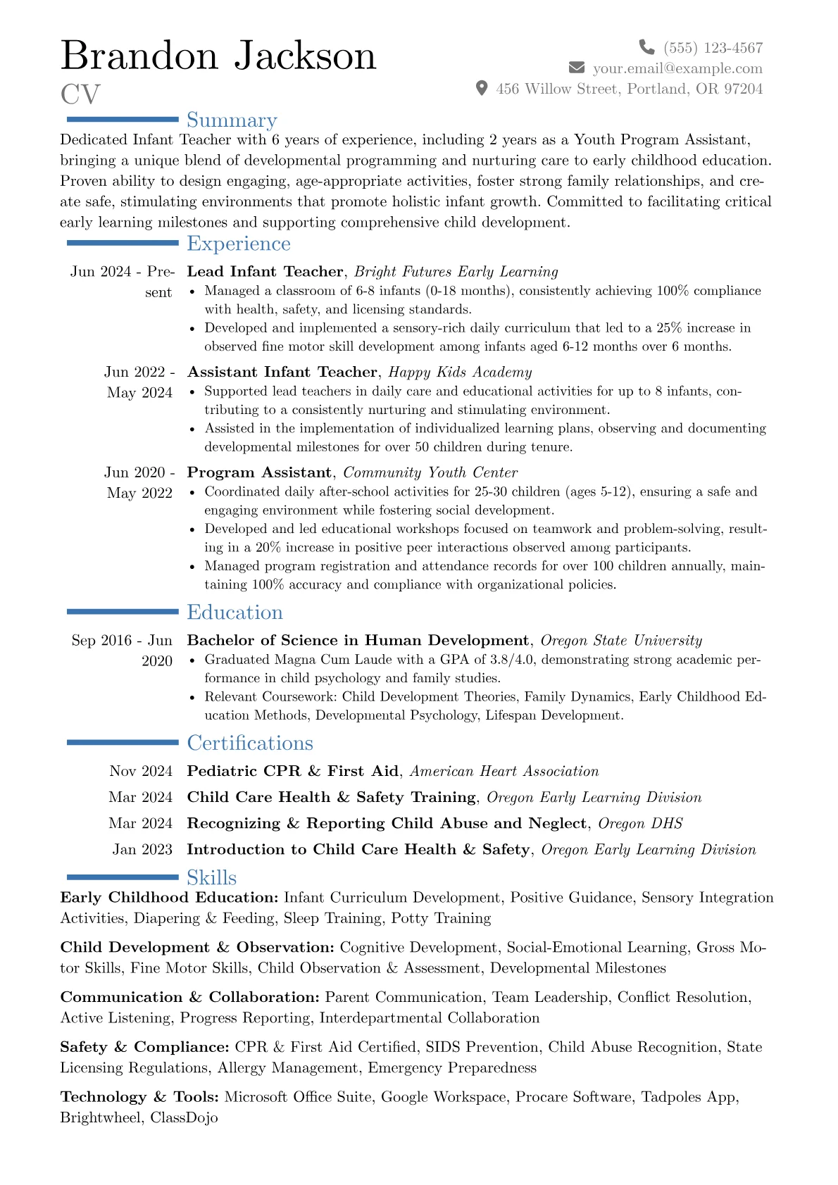 Infant Teacher resume example, Career changer, page 1