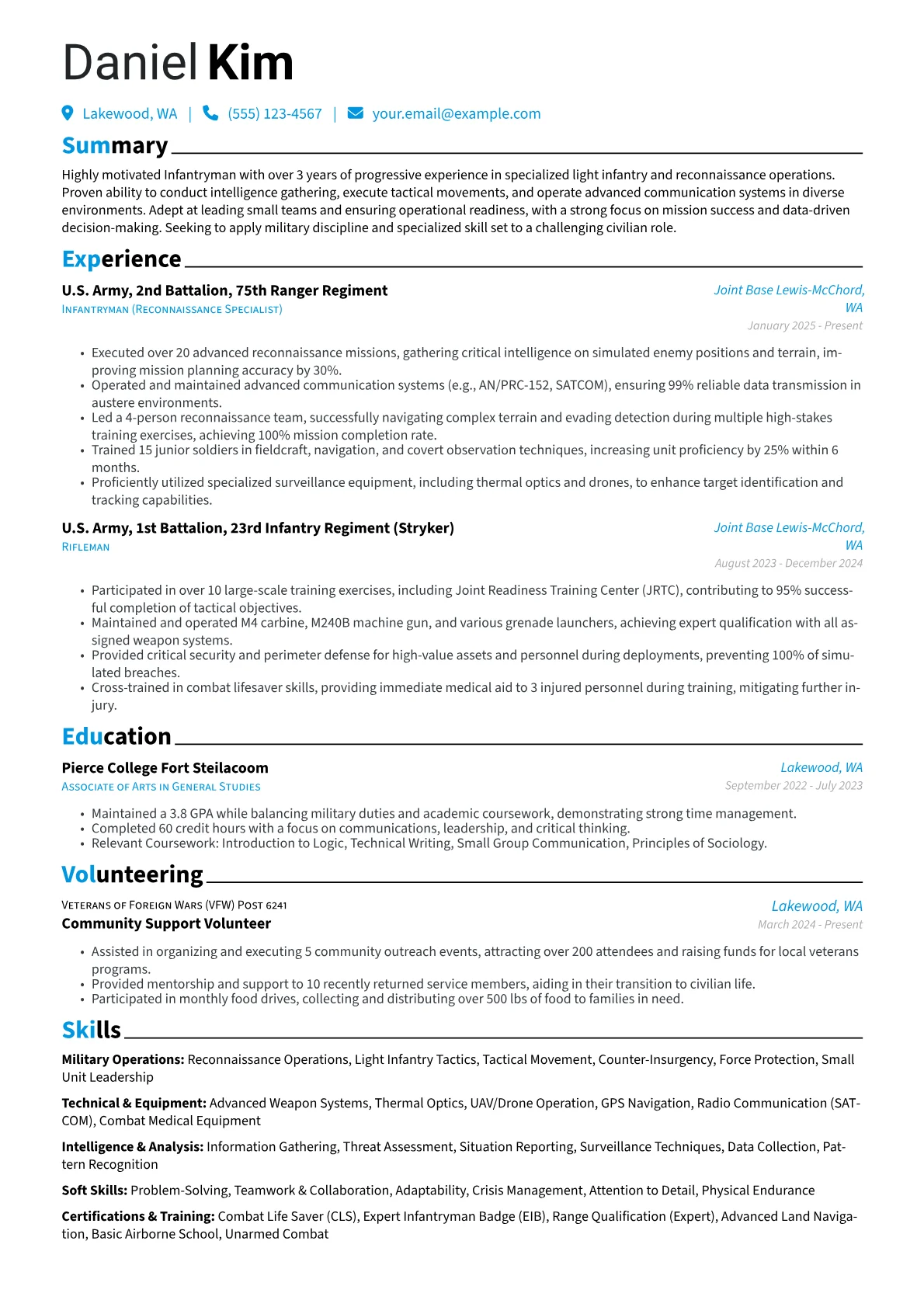 Infantryman resume example, Military Operations, page 1