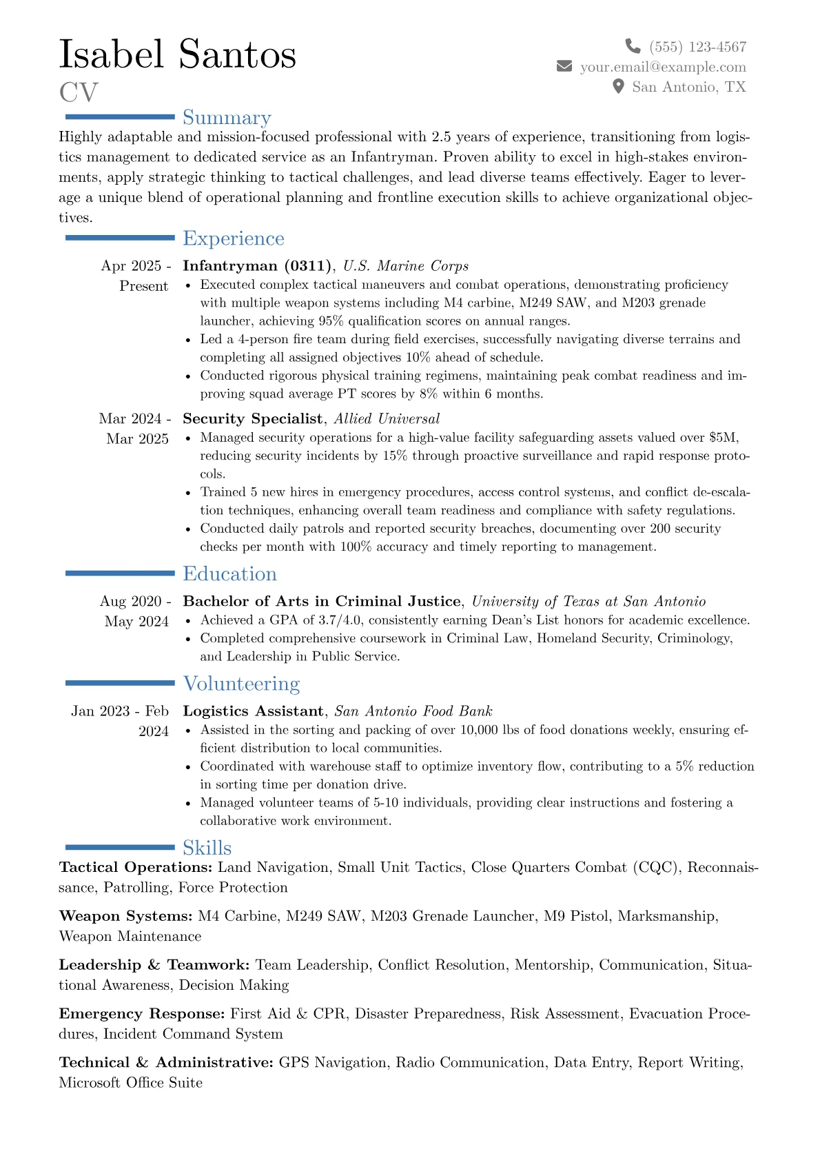 Infantryman resume example, Career changer, page 1