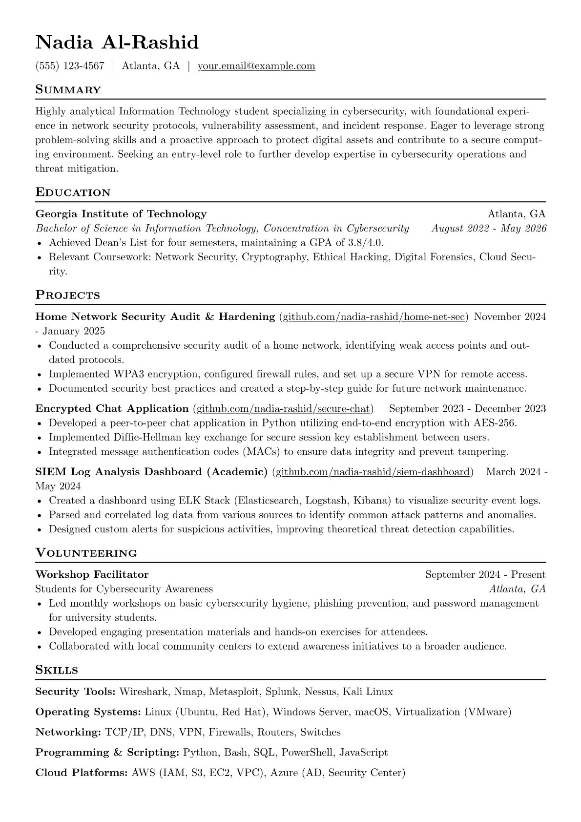 Information Technology Student resume example, Cybersecurity Focus, page 1