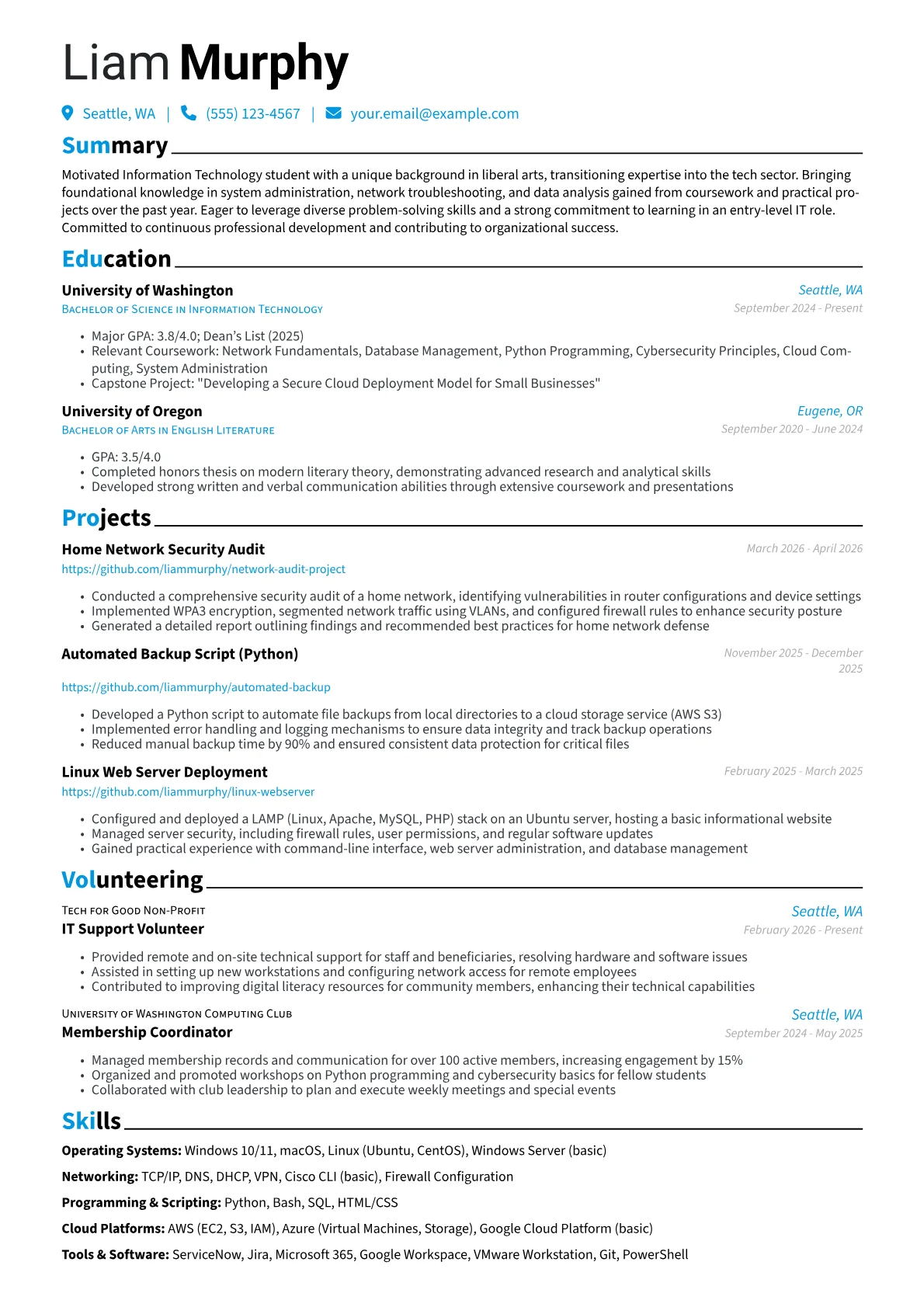 Information Technology Student resume example, Career changer, page 1