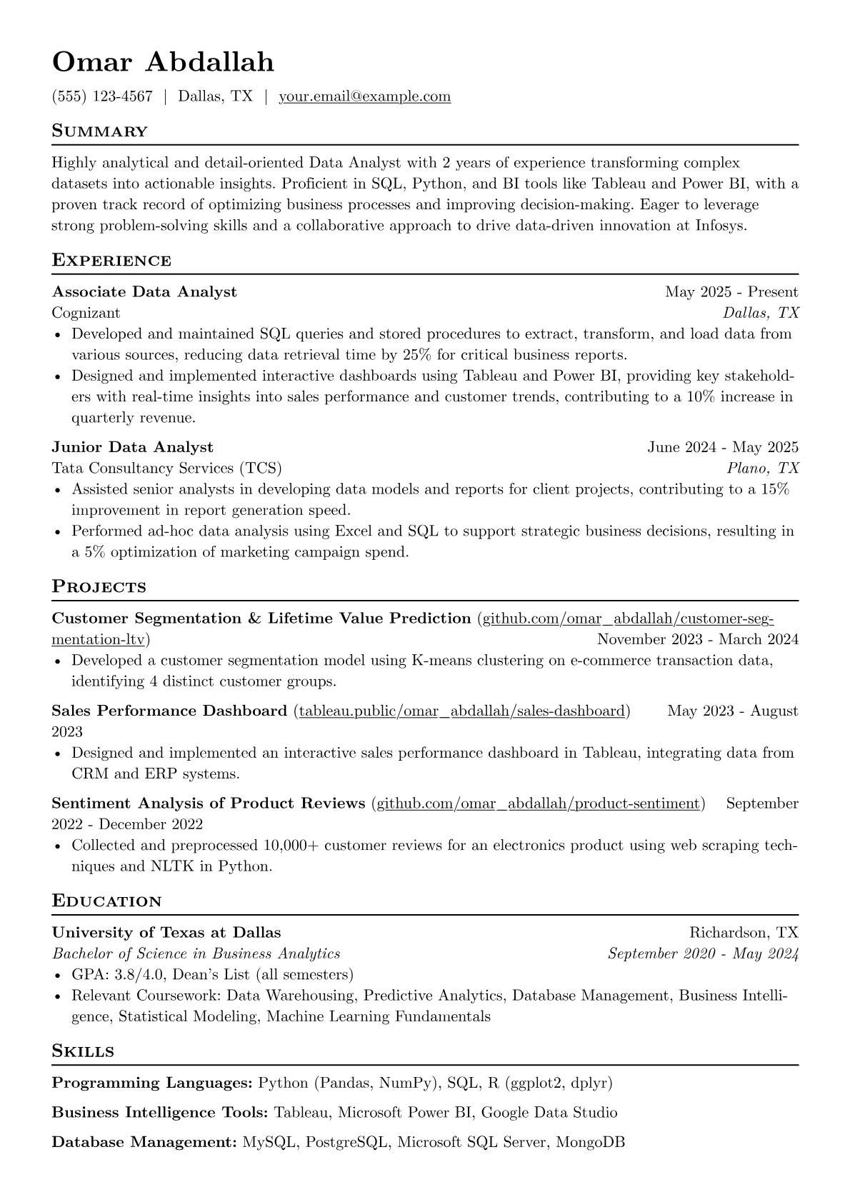 Infosys resume example, data analyst 2years, page 1