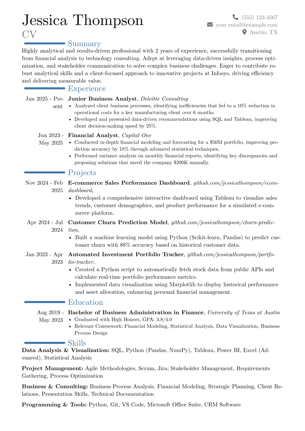 Infosys resume example, Career changer, page 1