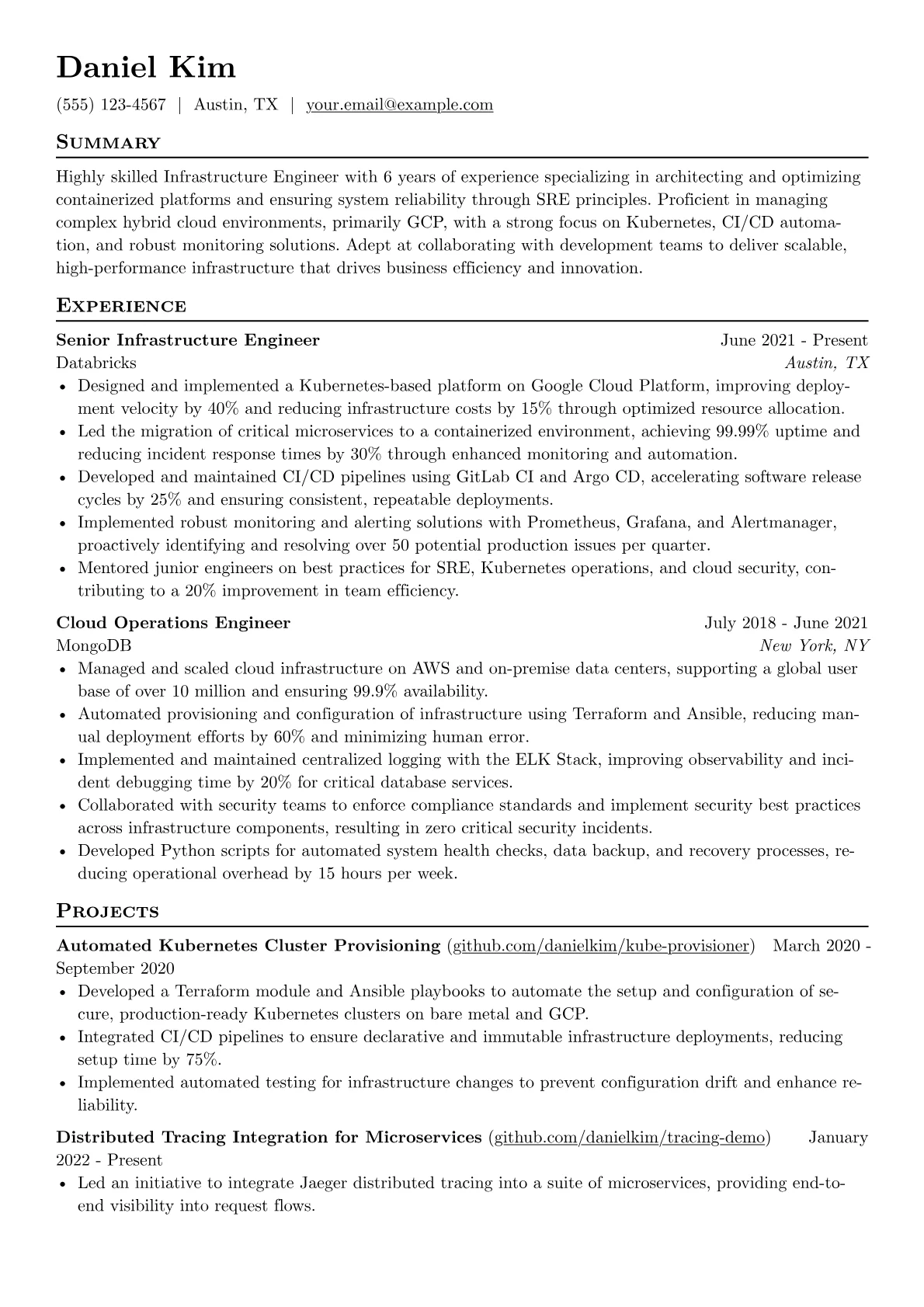 Infrastructure Engineer resume example, Containerization & SRE, page 1
