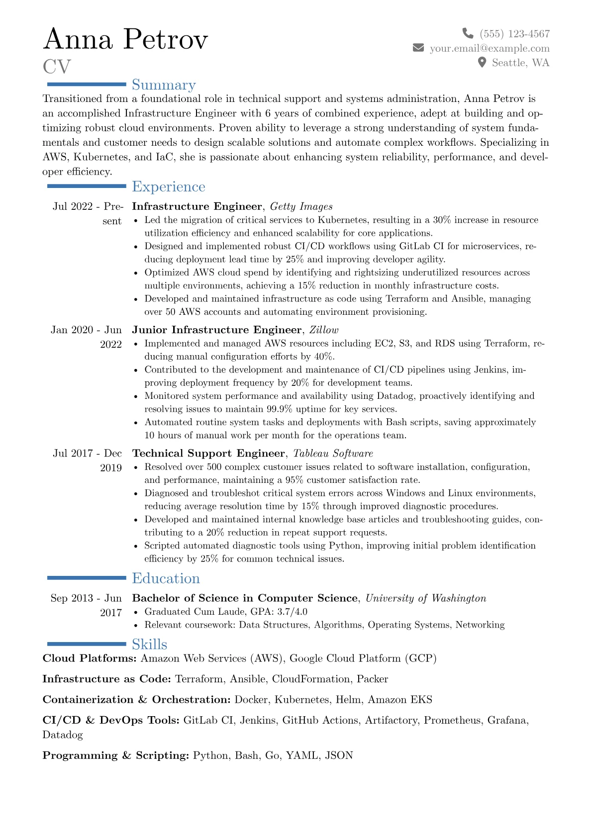 Infrastructure Engineer resume example, Career changer, page 1