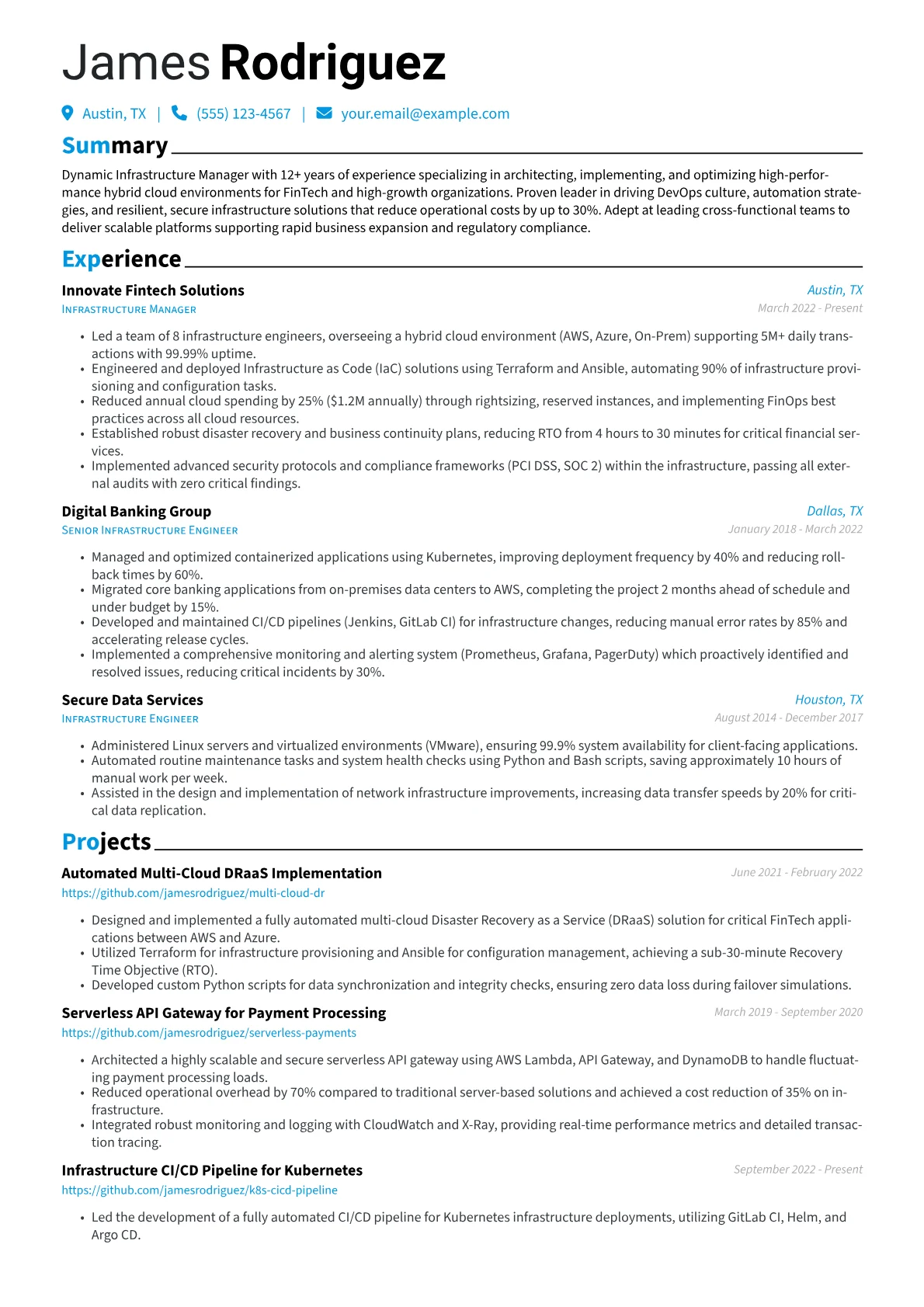 Infrastructure Manager resume example, Cloud Platforms, page 1