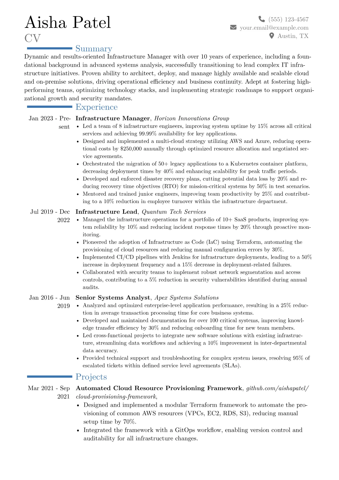 Infrastructure Manager resume example, Career changer, page 1