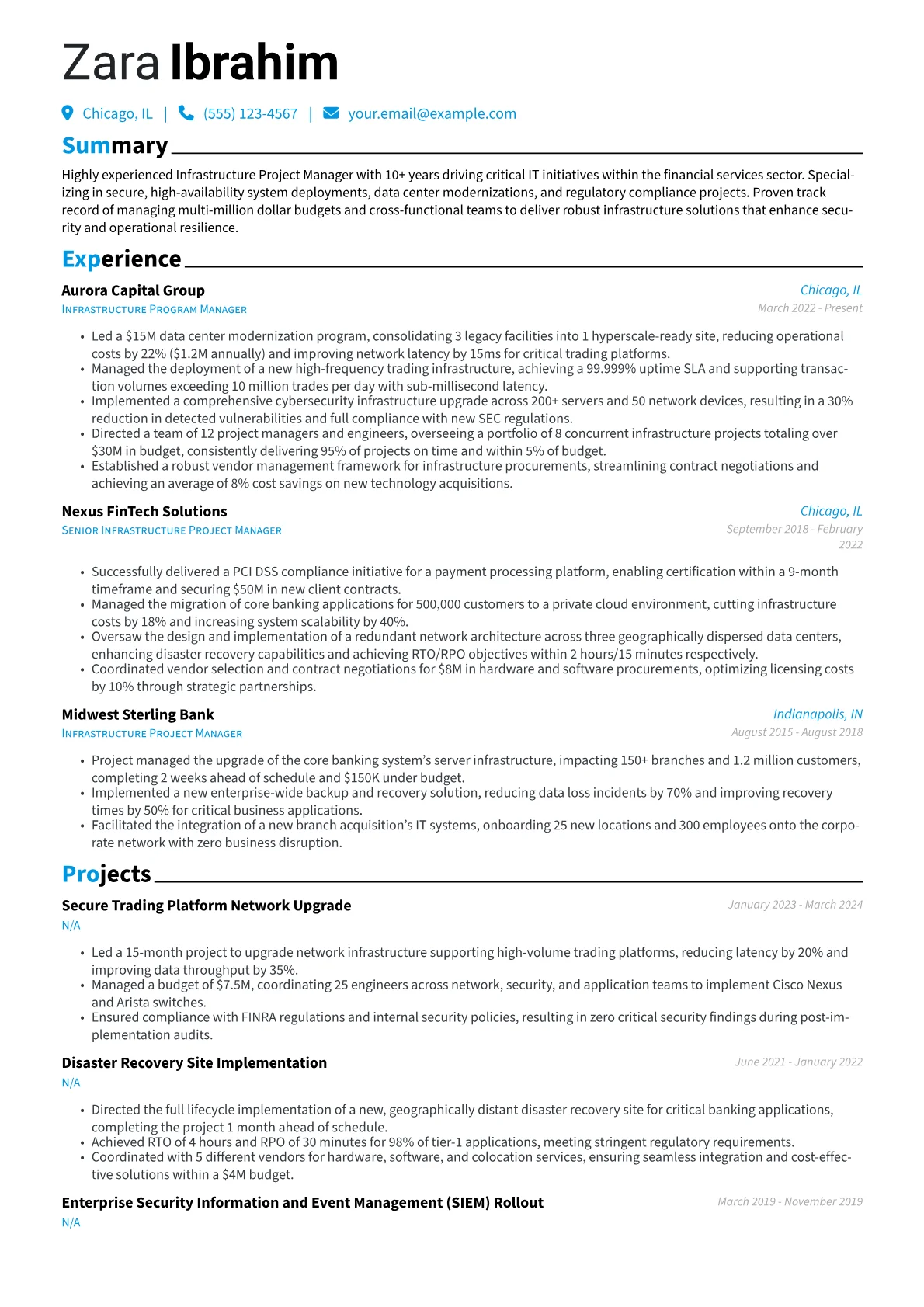 Infrastructure Project Manager resume example, Financial Services Focus, page 1